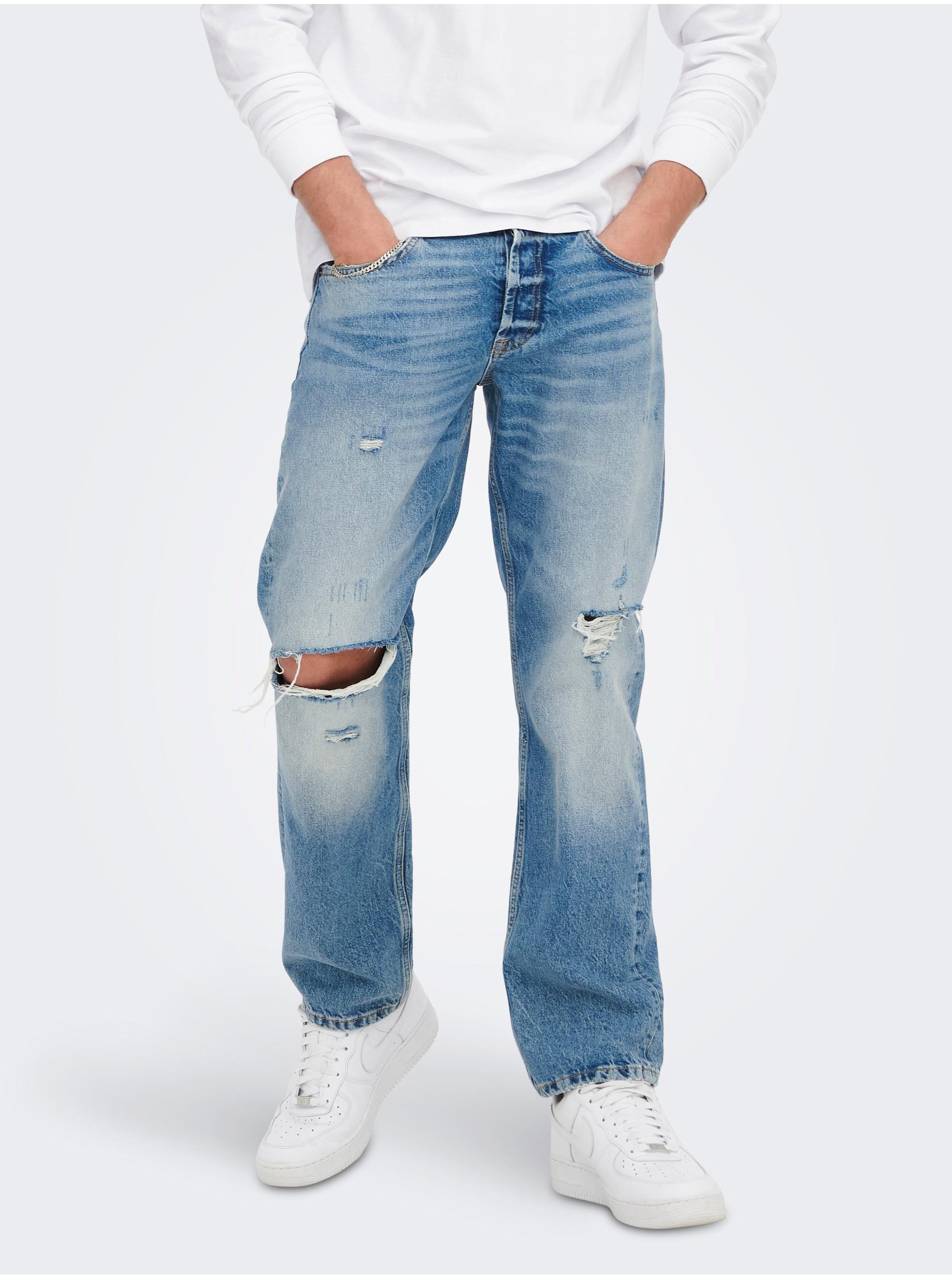 E-shop Modré loose fit džíny s potrhaným efektem ONLY & SONS Edge