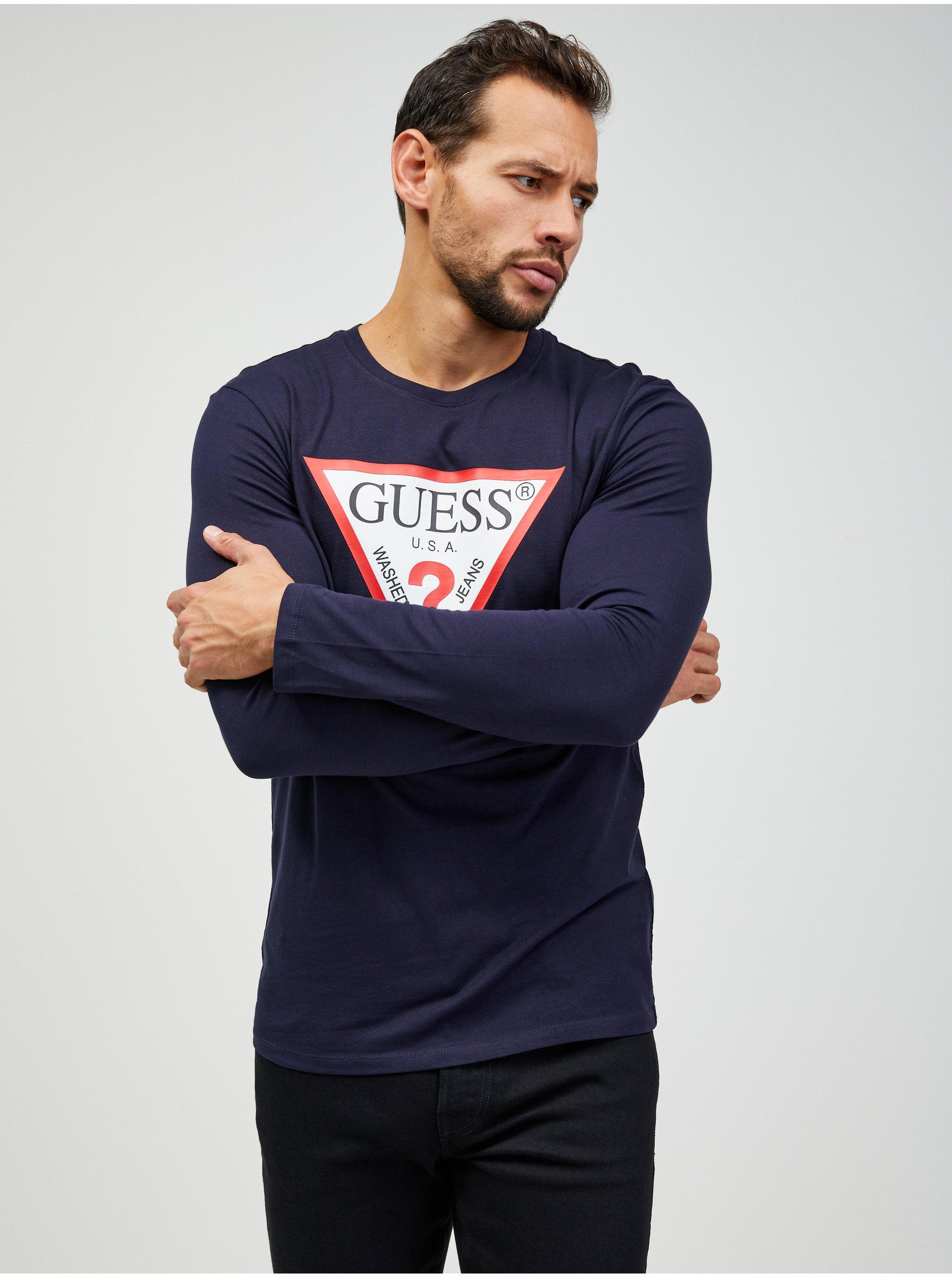 E-shop Tmavě modré pánské tričko s dlouhým rukávem Guess
