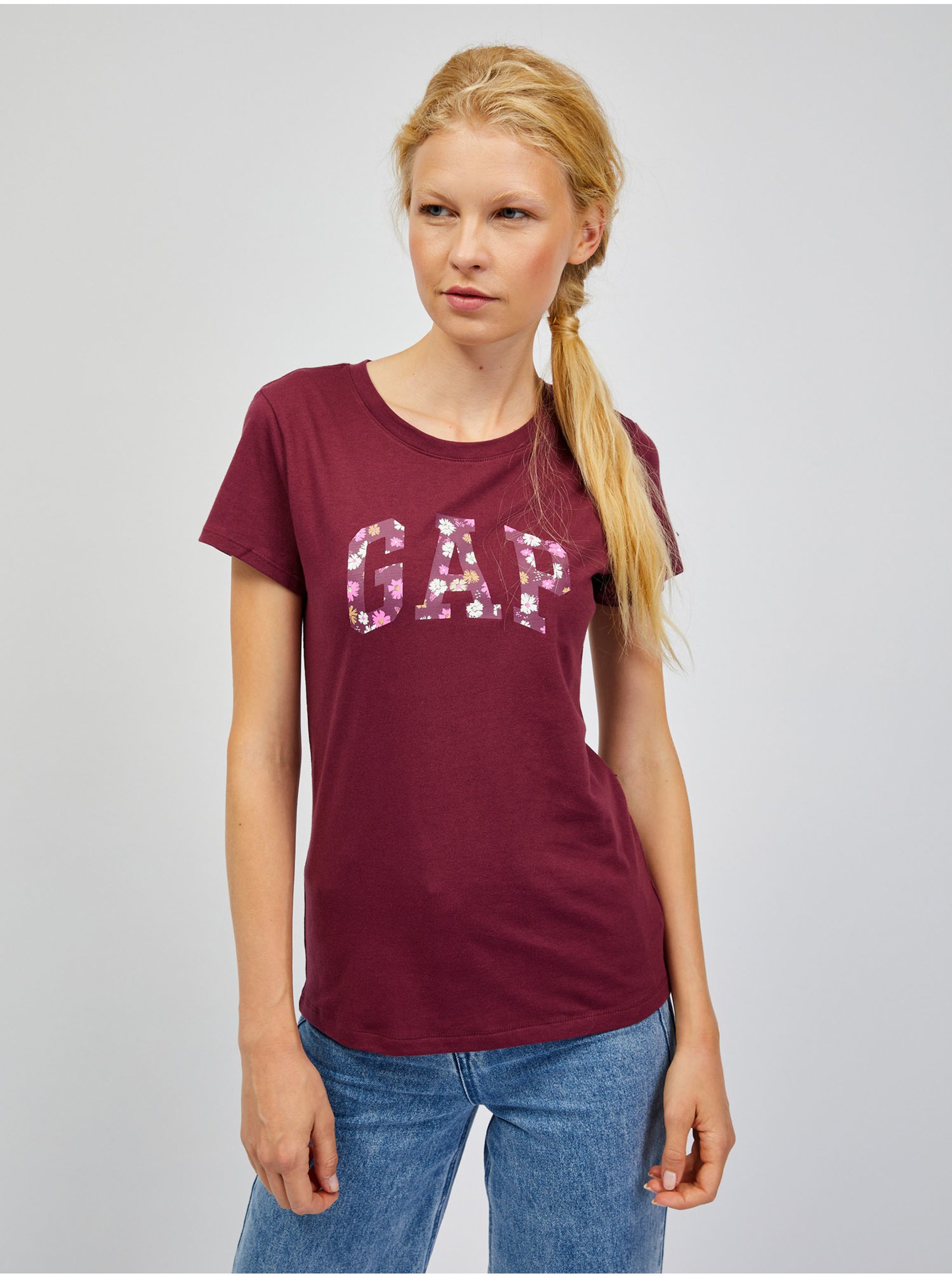 Levně Vínové dámské tričko s logem GAP floral