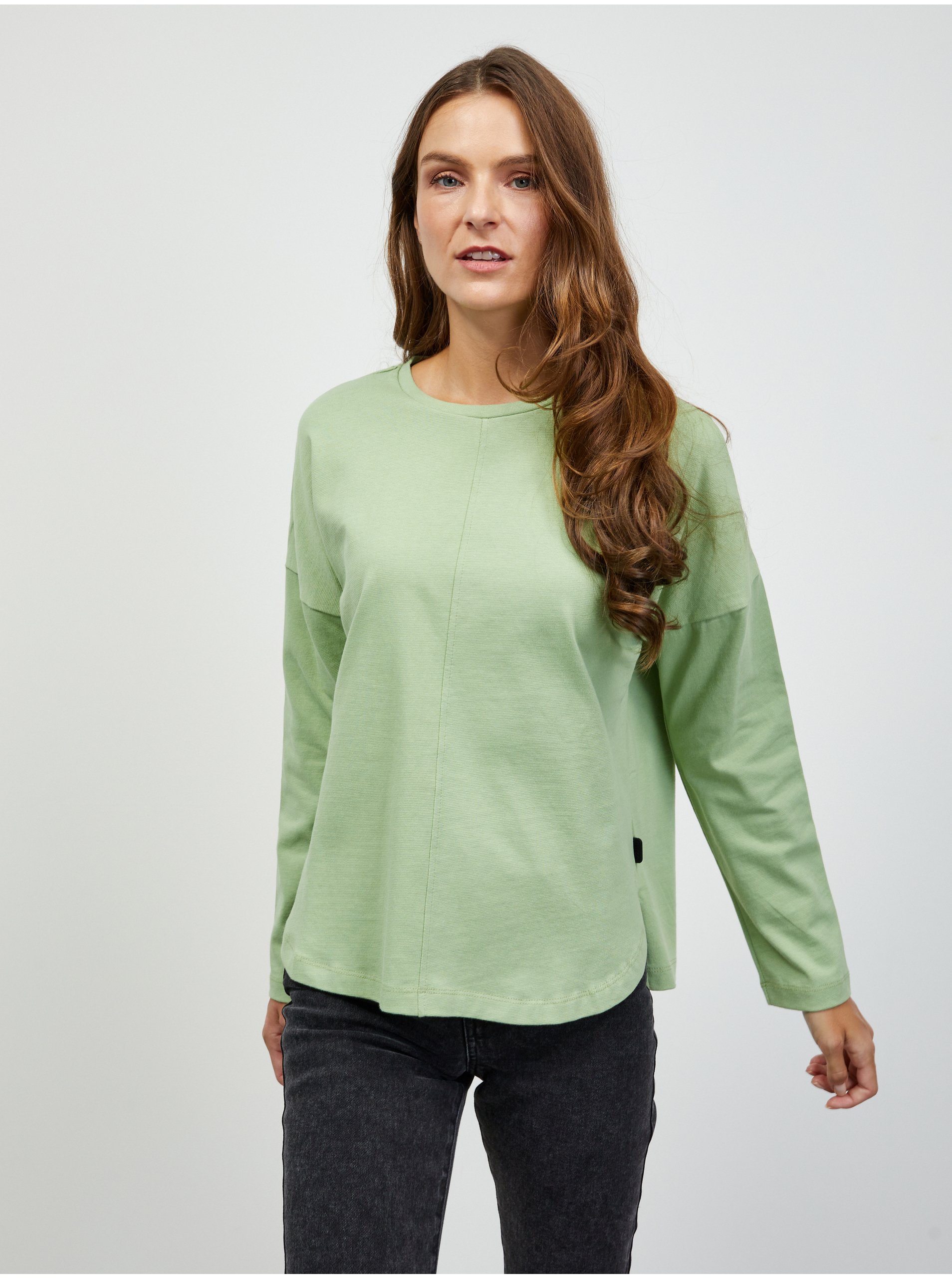 Levně Světle zelené dámské basic tričko s dlouhým rukávem ZOOT.lab Bambie