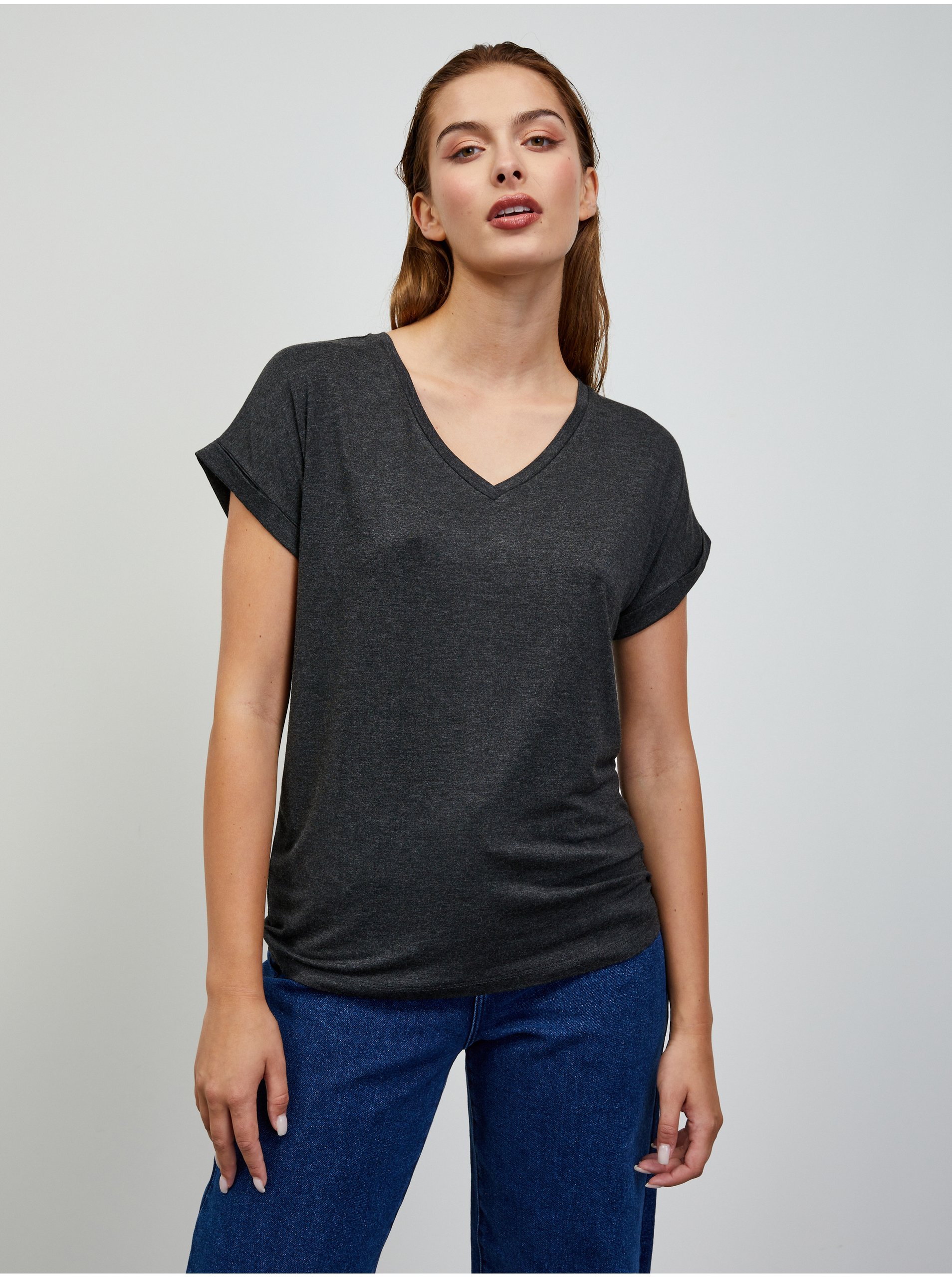 E-shop Tmavě šedé dámské žíhané basic tričko ZOOT.lab Adriana 4