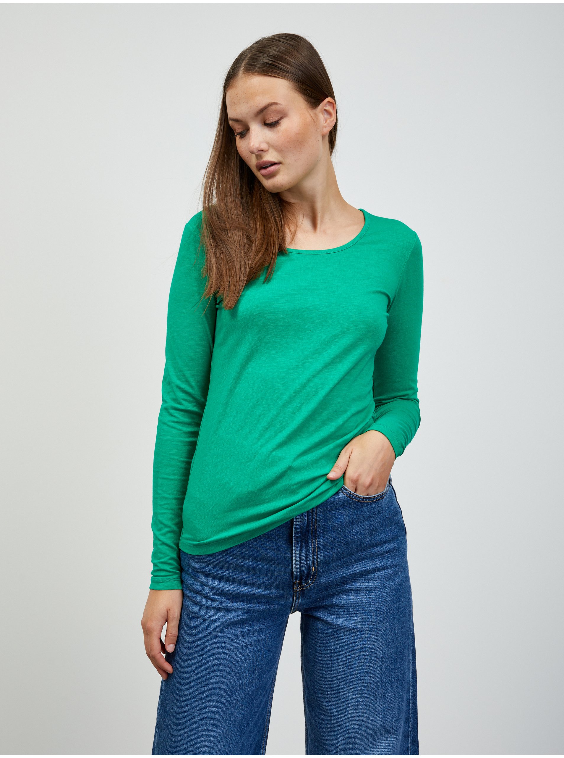 Levně Zelené dámské basic tričko s dlouhým rukávem ZOOT.lab Molly