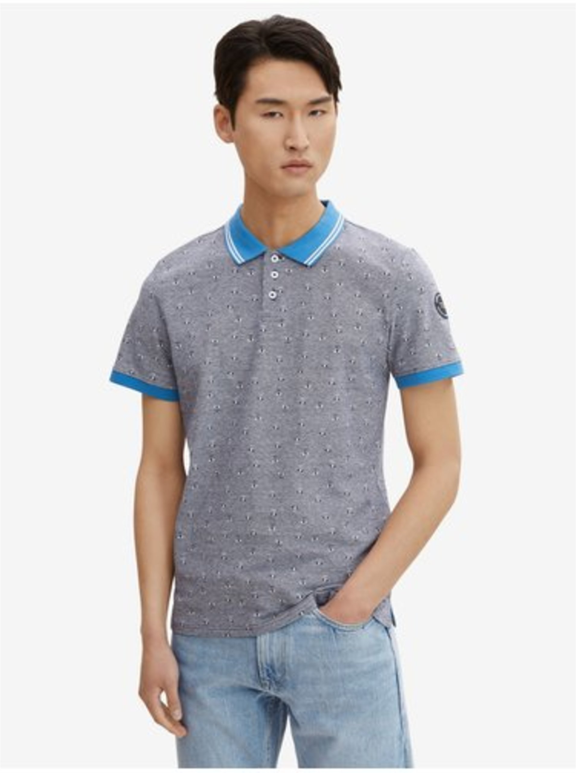 Levně Modro-šedé pánské vzorované polo tričko Tom Tailor