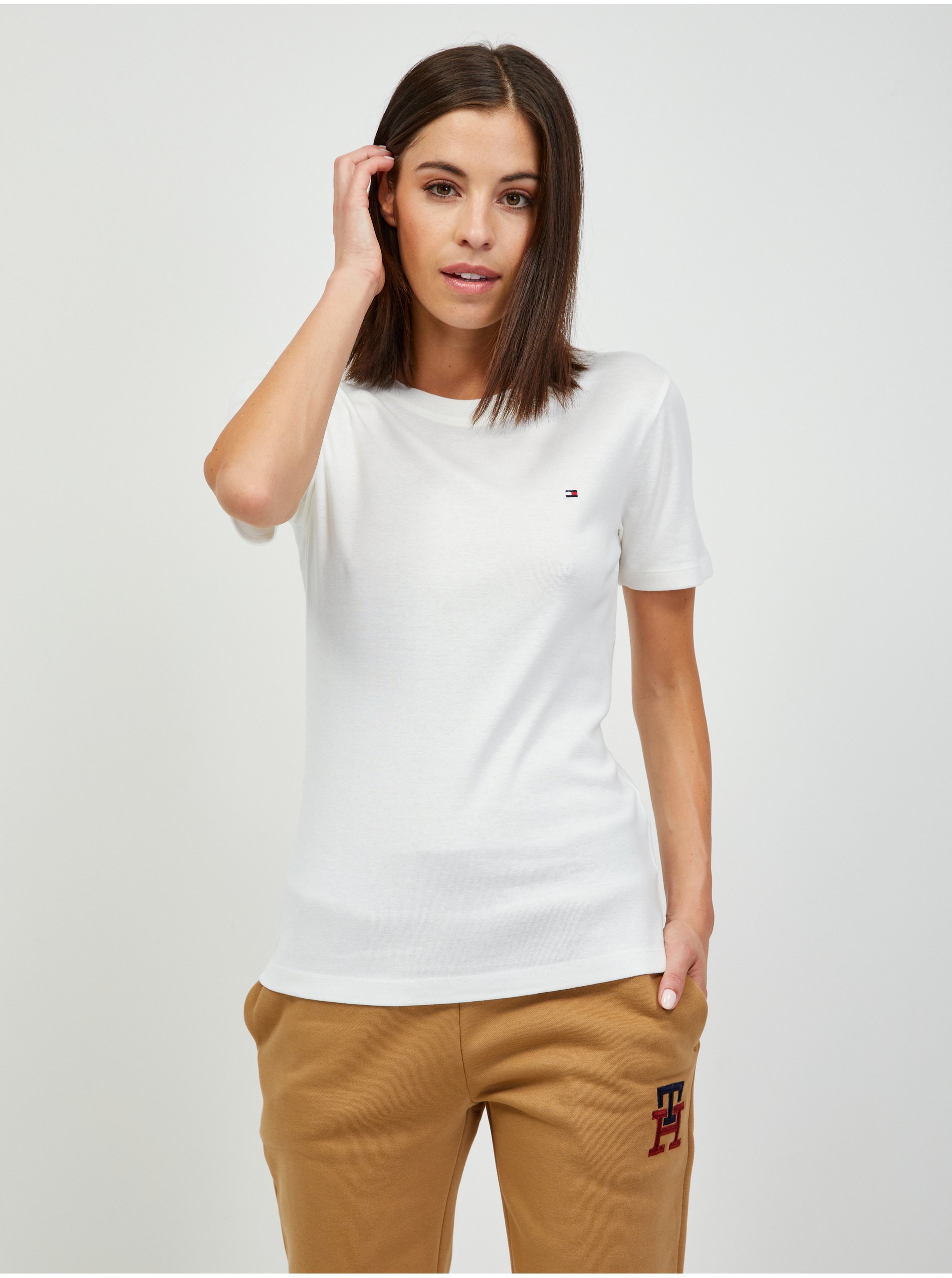 Levně Krémové dámské basic tričko Tommy Hilfiger