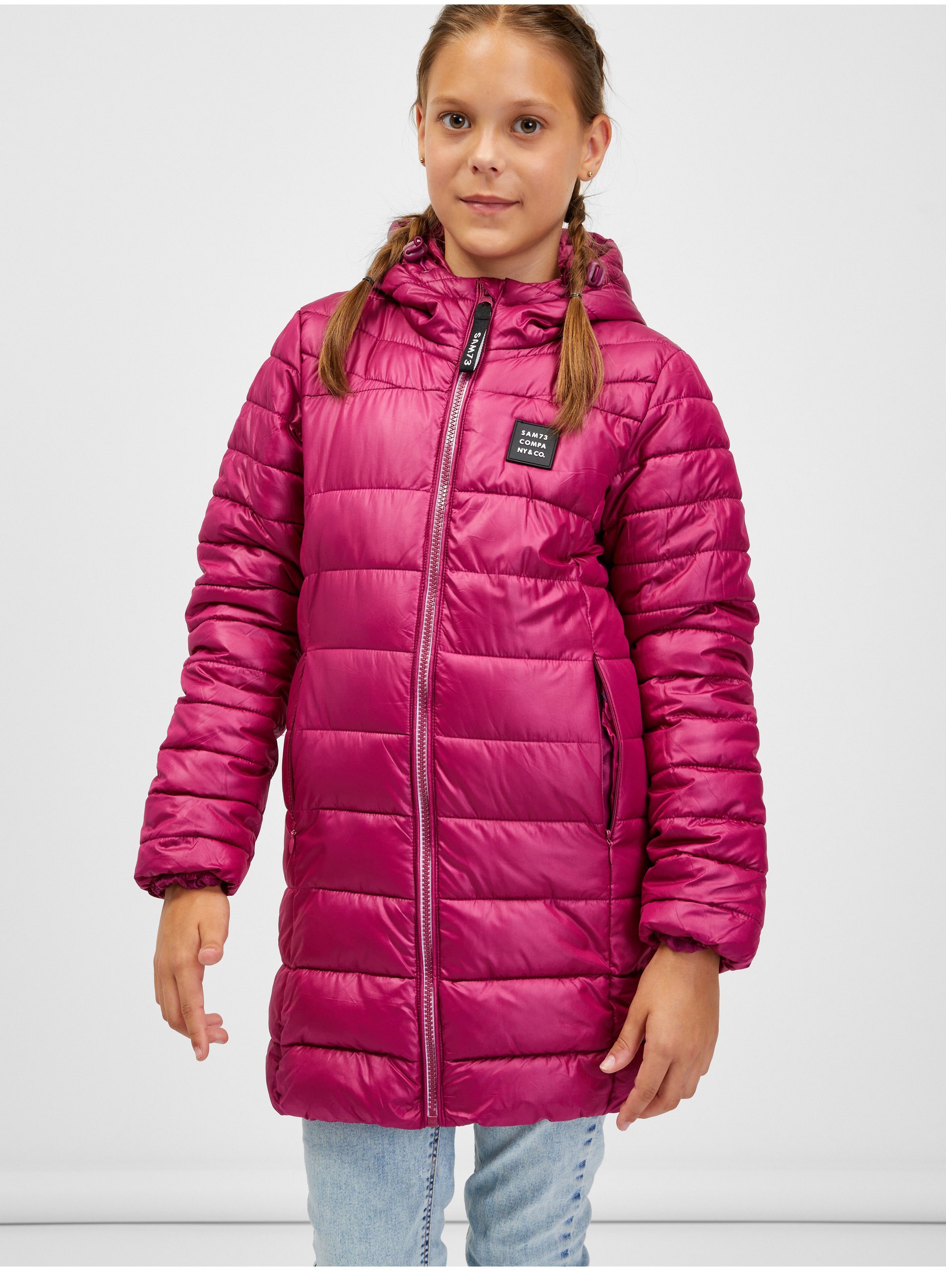 Levně Tmavě růžový holčičí prošívaný kabát s kapucí SAM 73 Nadine