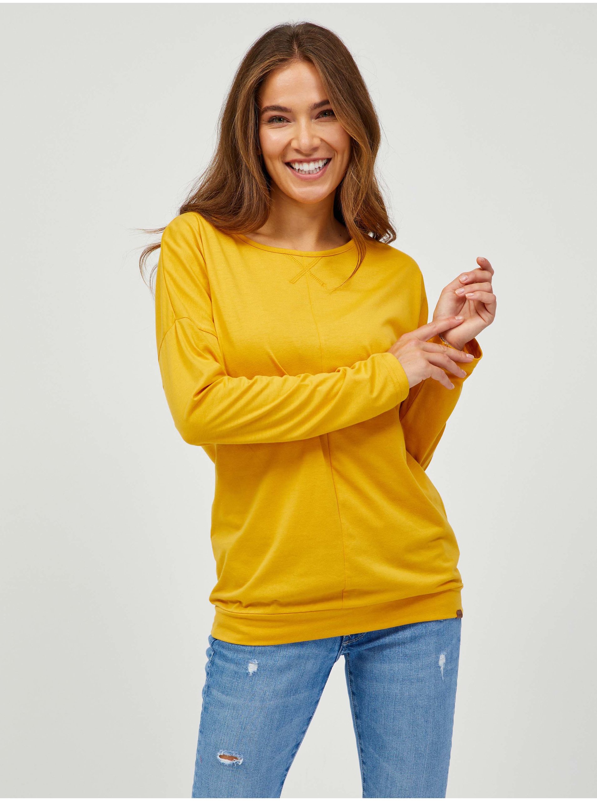 Levně Žluté dámské basic tričko s dlouhým rukávem SAM 73 Azuka