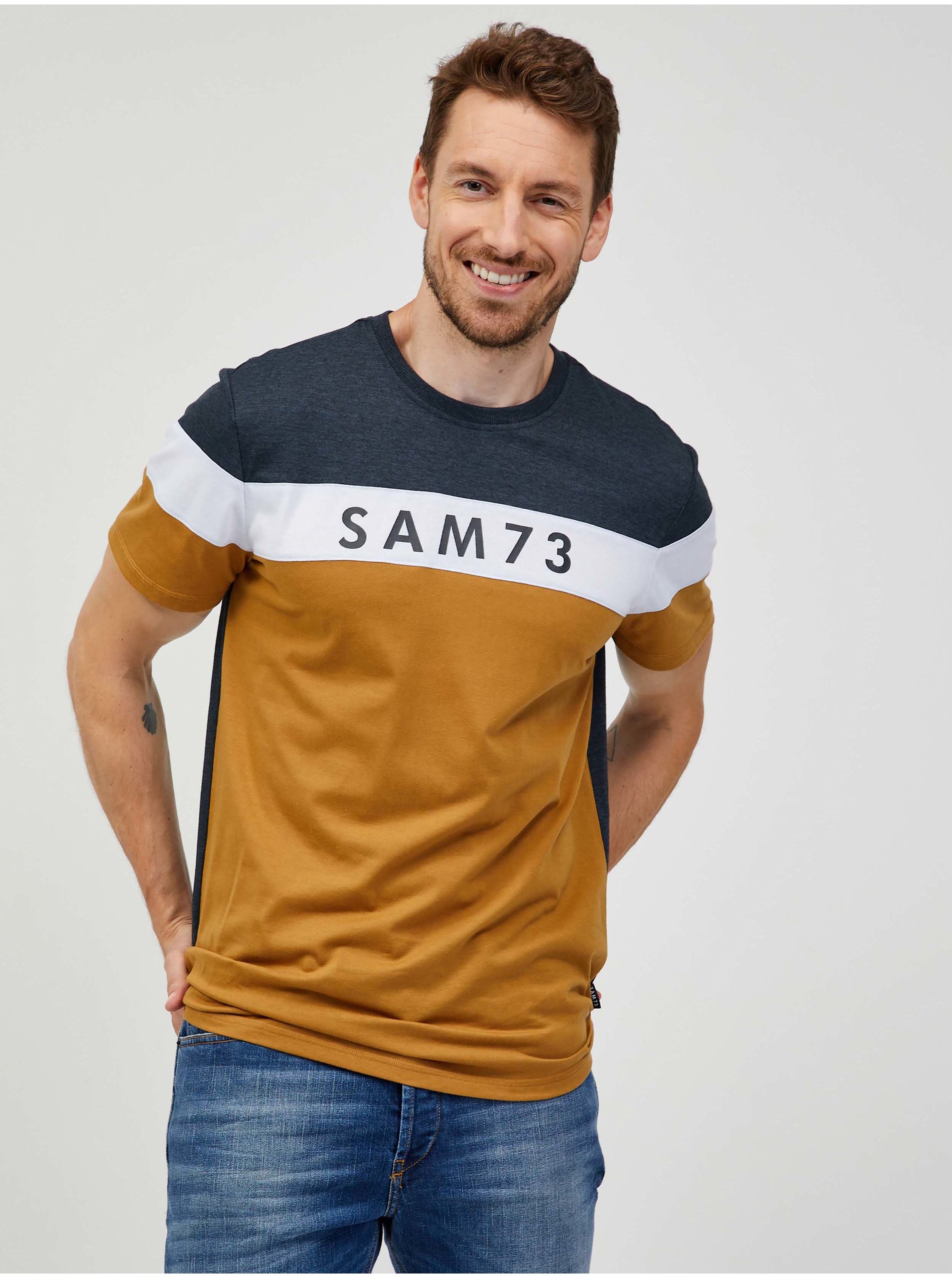 Levně Šedo-hnědé pánské tričko SAM 73 Kavix