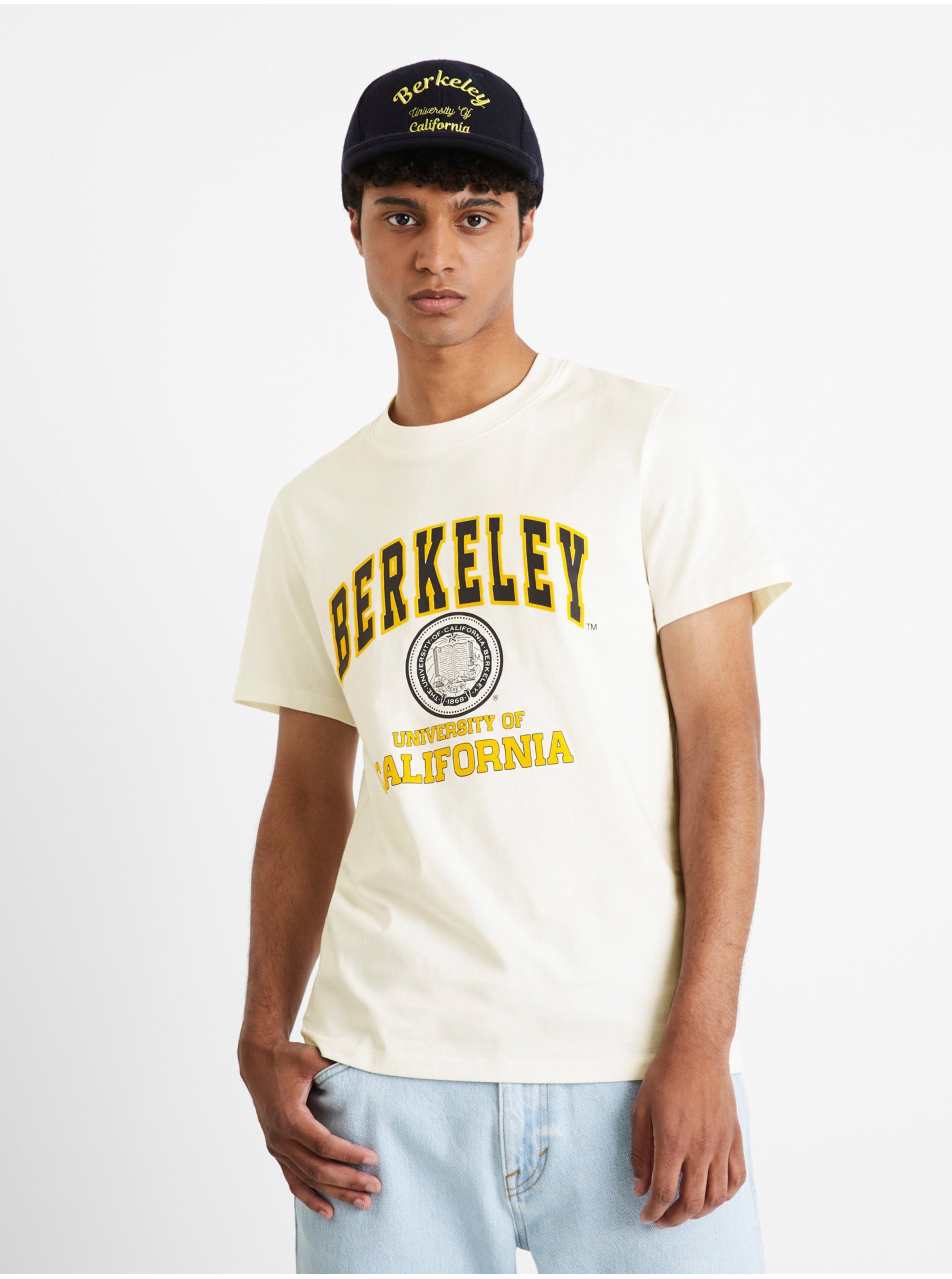 Levně Žluto-bílé pánské tričko Celio Berkeley university