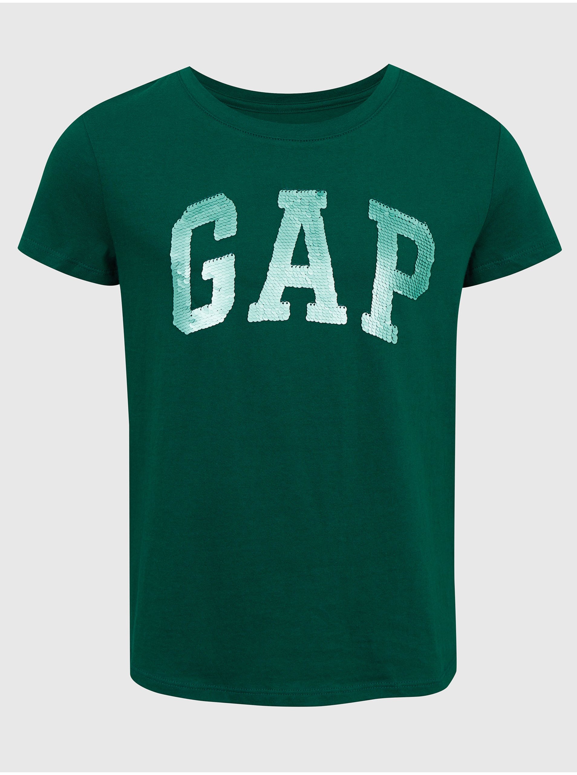 Lacno Zelené dievčenské tričko GAP organic s flitrovým logom