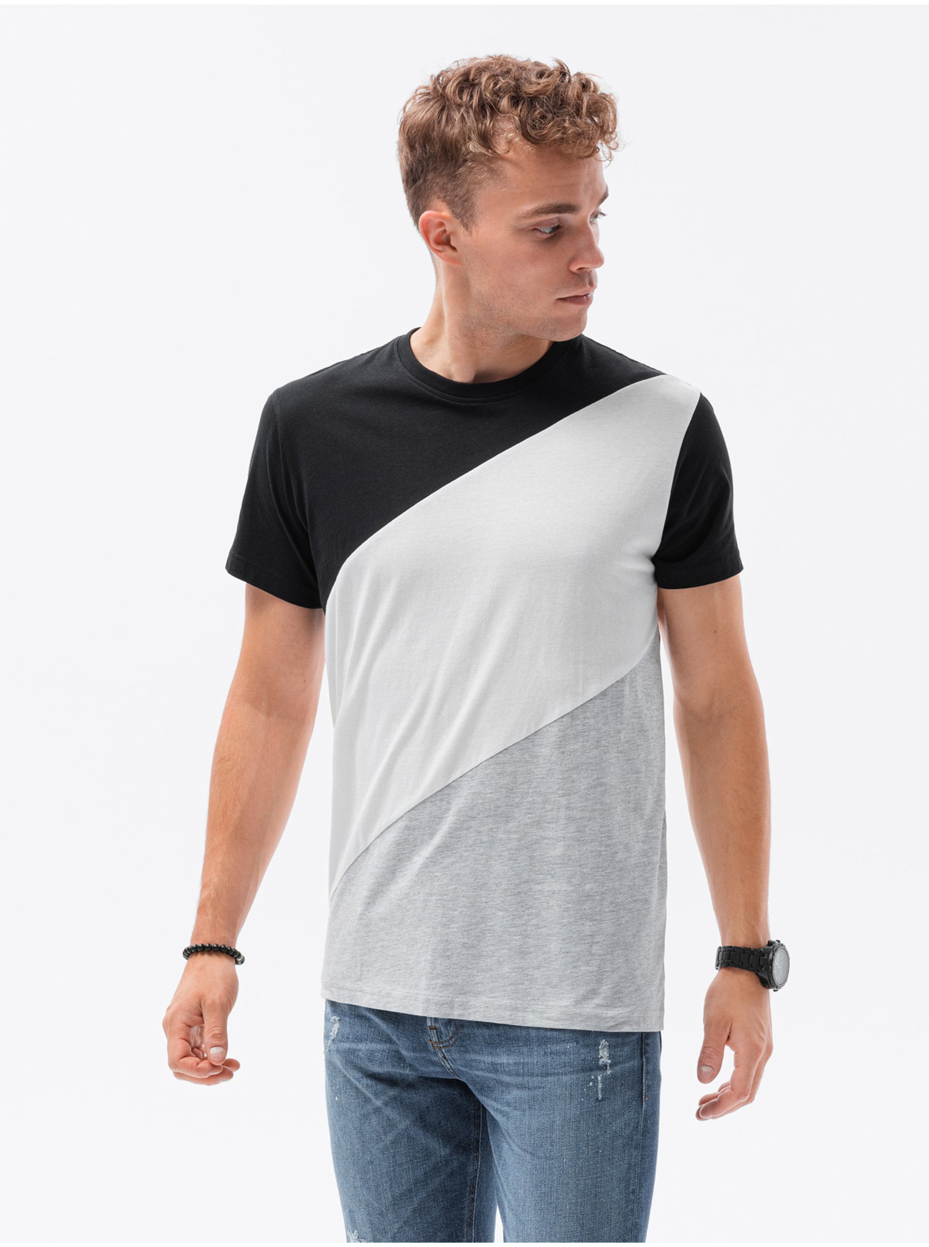 Levně Šedo-černé pánské tričko Ombre Clothing