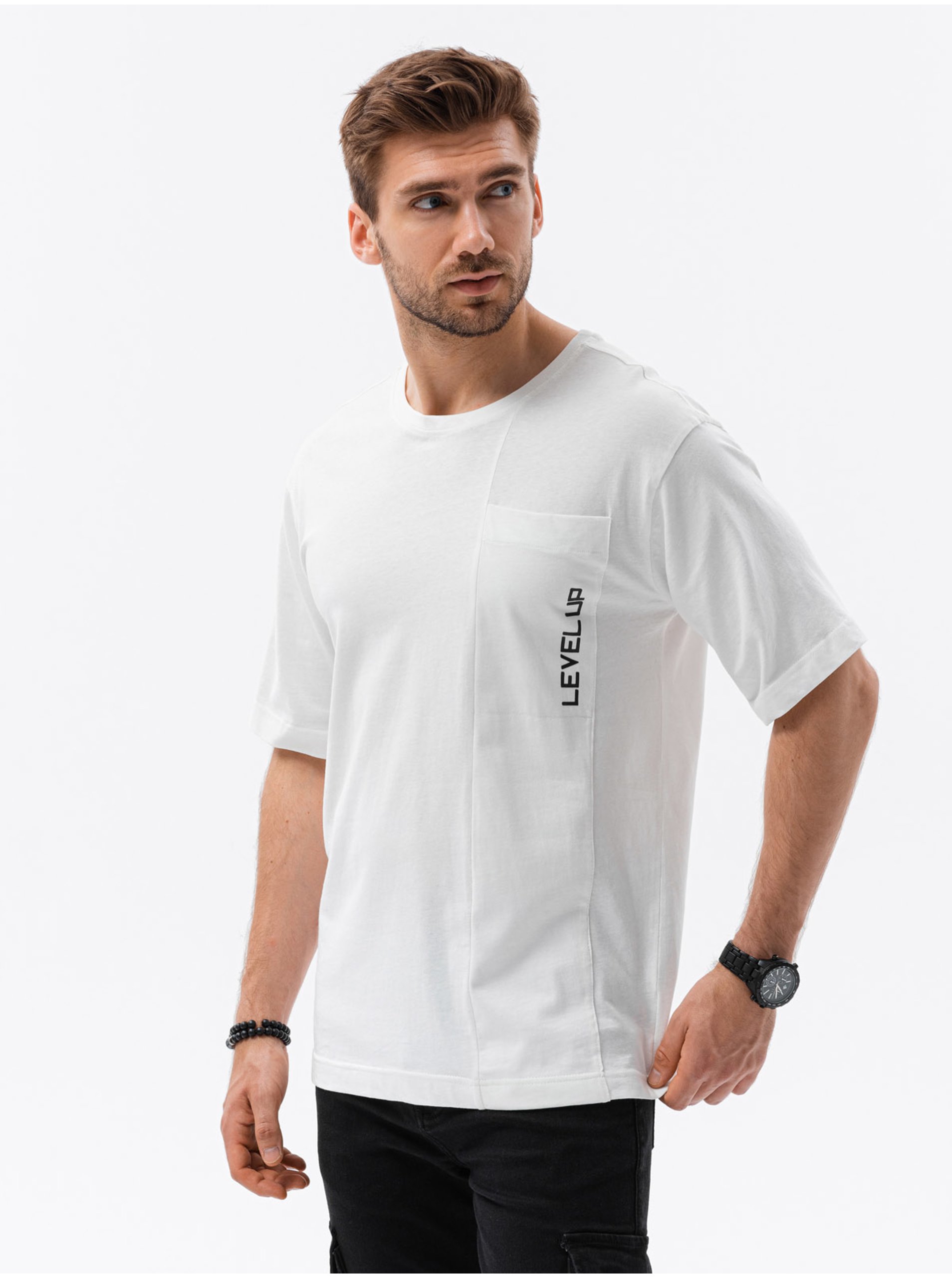Levně Bílé pánské oversize tričko Ombre Clothing