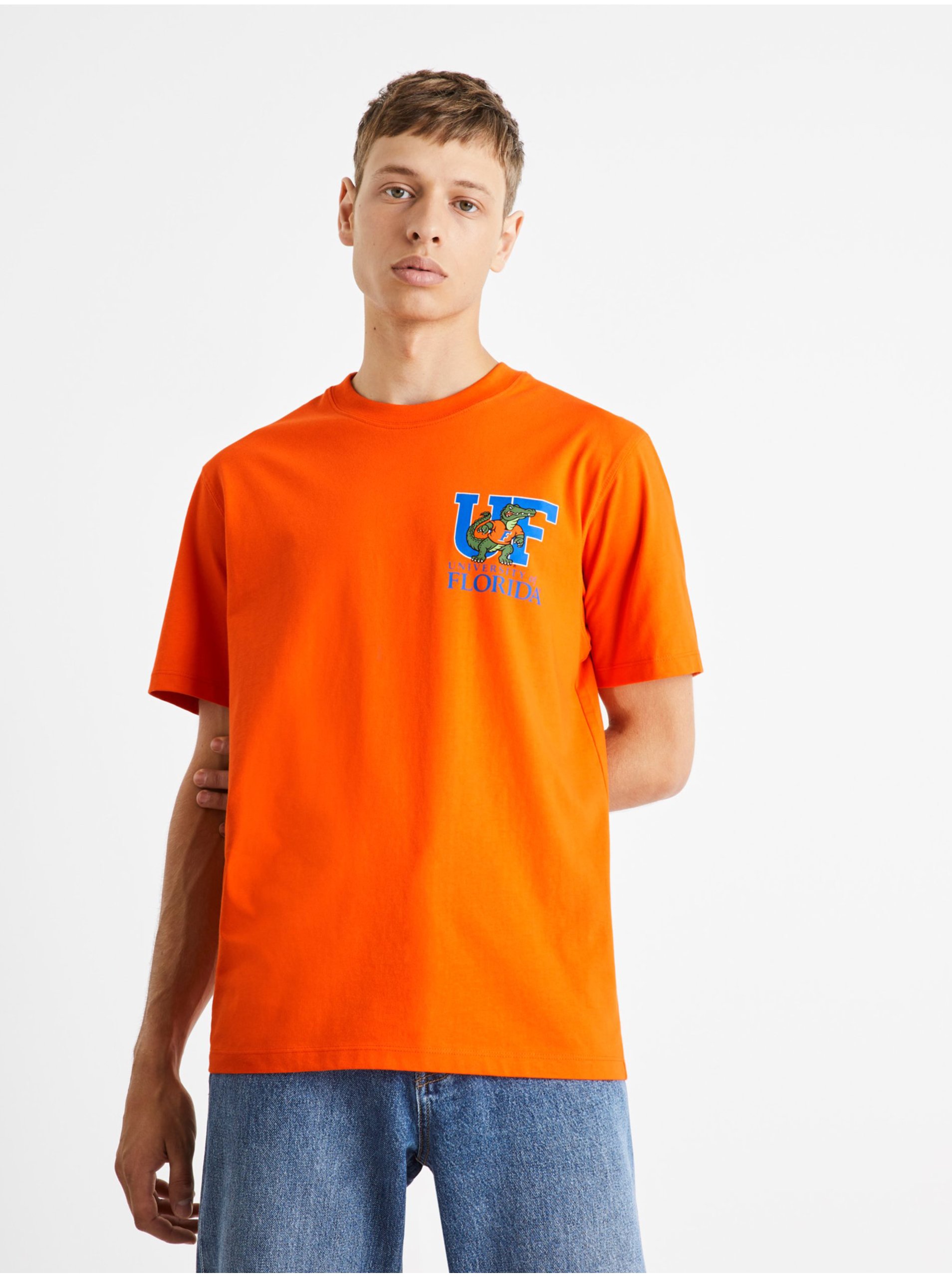 Levně Oranžové pánské tričko Celio University of Florida