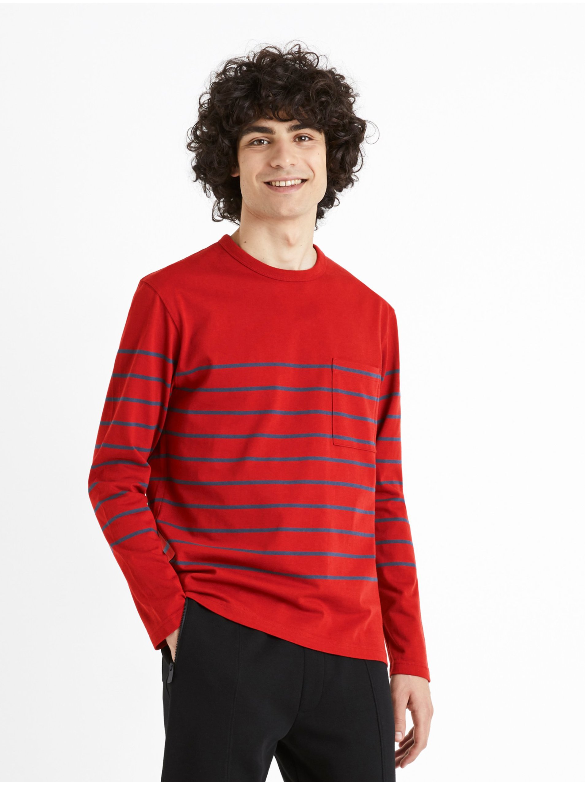 Levně Červené pánské pruhované tričko s dlouhým rukávem Celio Veboxmlr