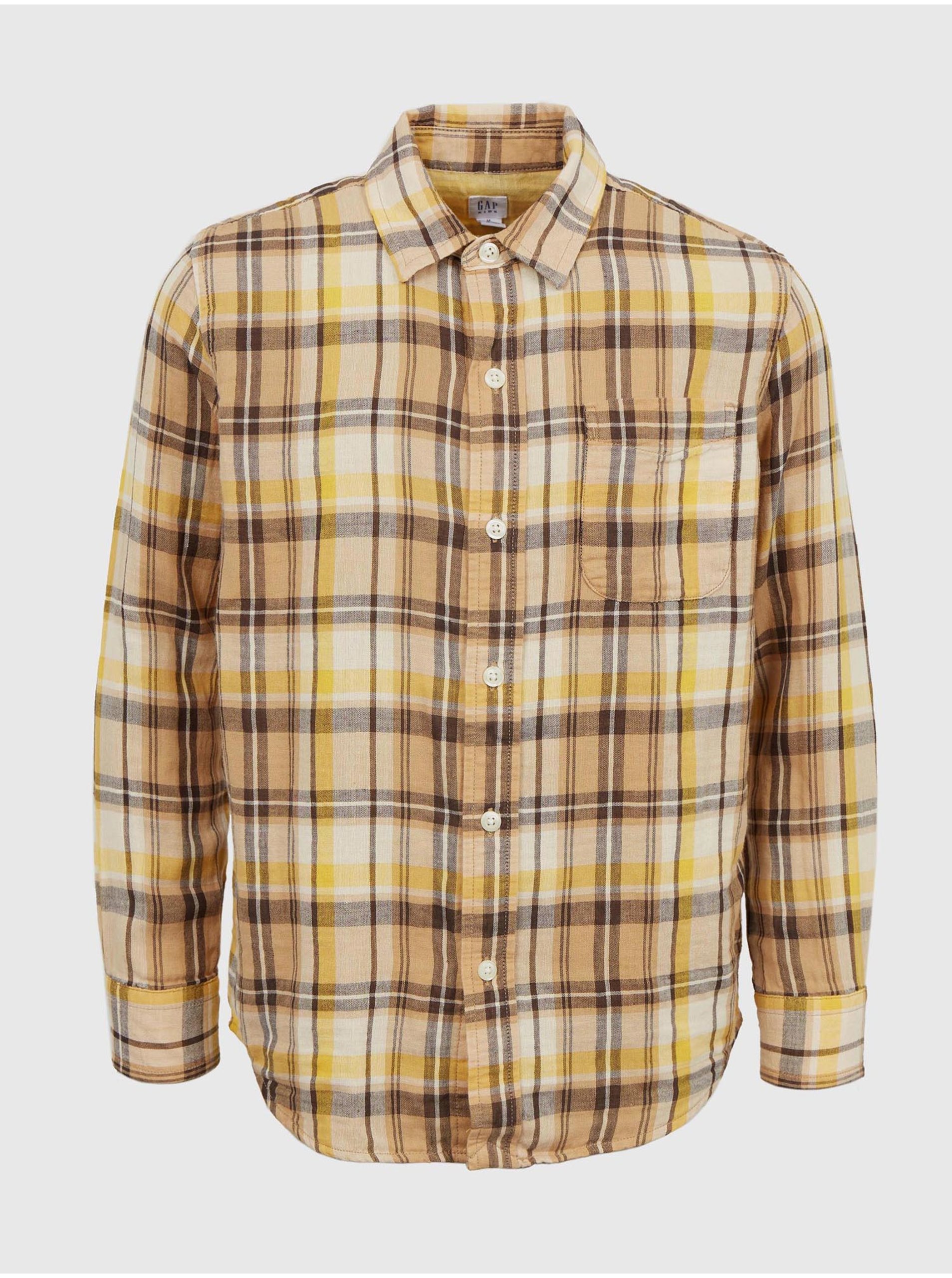 E-shop Hnědo-žlutá klučičí kostkovaná flanelová košile GAP