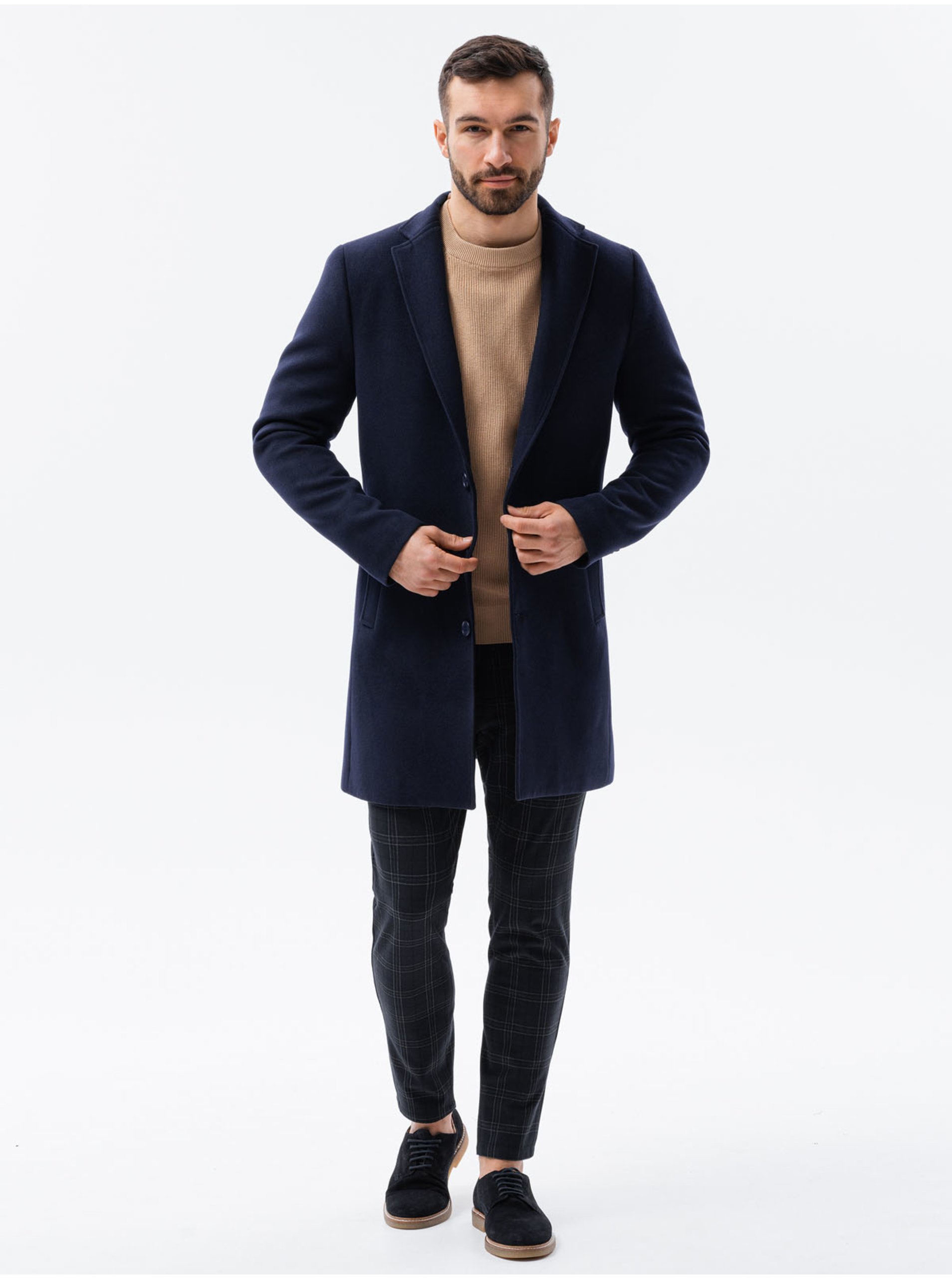 Levně Tmavě modrý pánský kabát Ombre Clothing