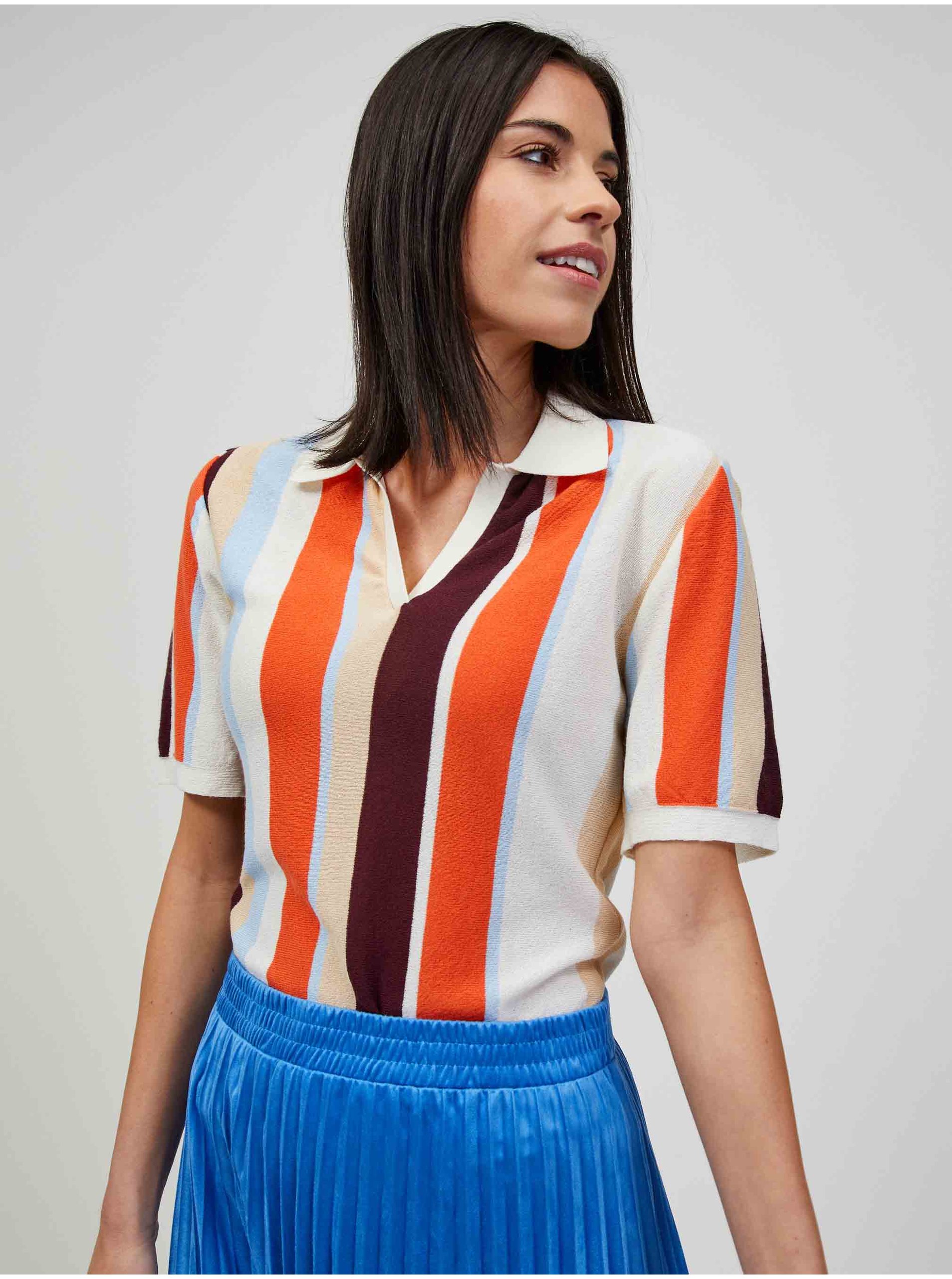 E-shop Oranžovo-krémový lehký pruhovaný svetr s krátkým rukávem ORSAY