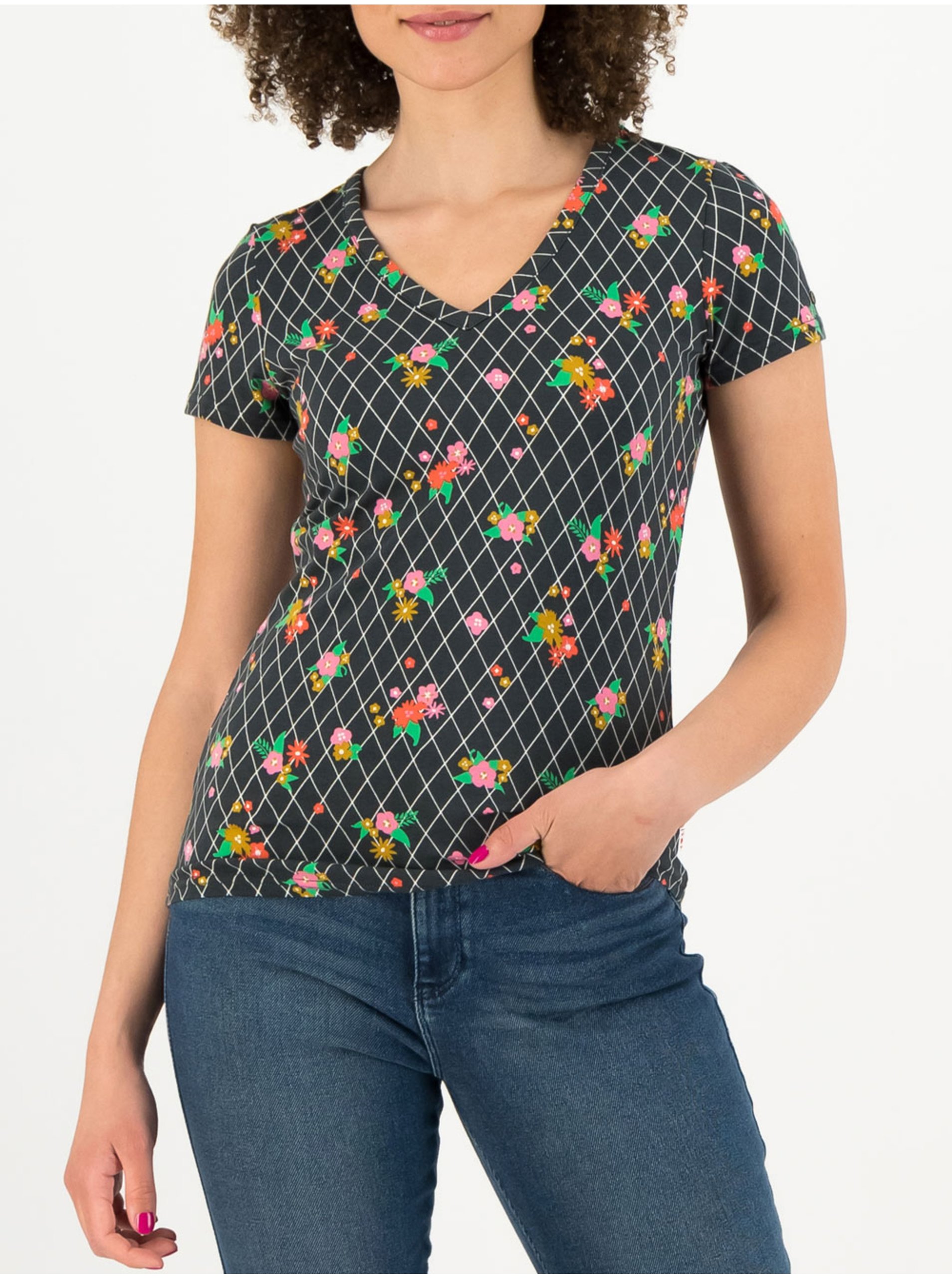 Levně Černé vzorované dámské tričko Blutsgeschwister Grid of Flowers