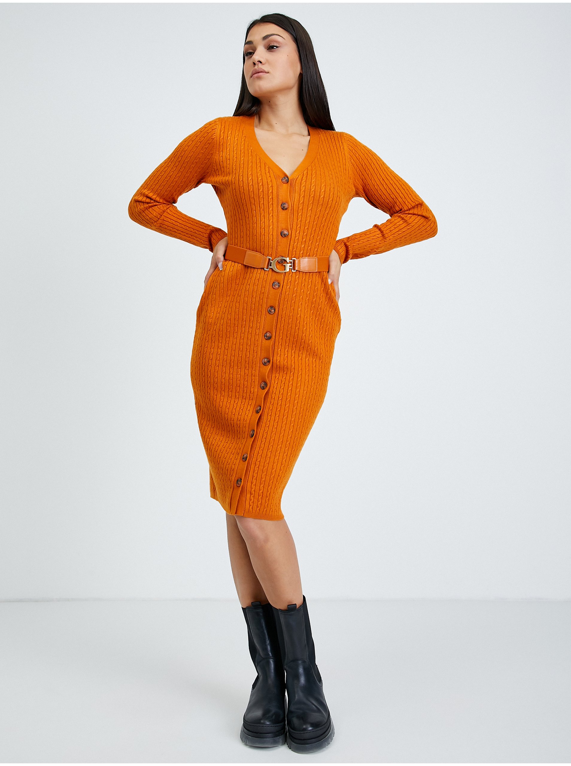 Lacno Oranžové puzdrové svetrové šaty Guess Lena