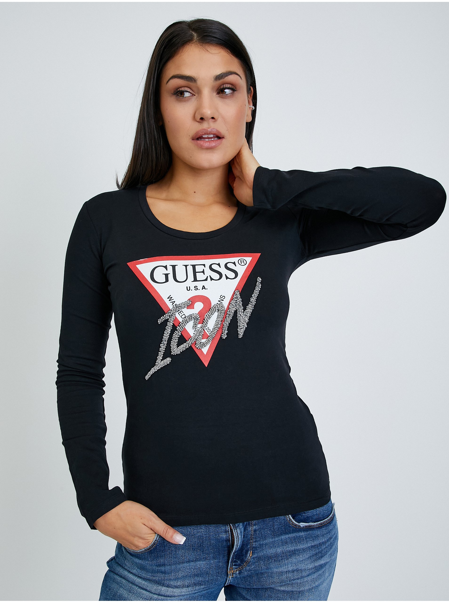 Levně Černé dámské tričko s dlouhým rukávem Guess