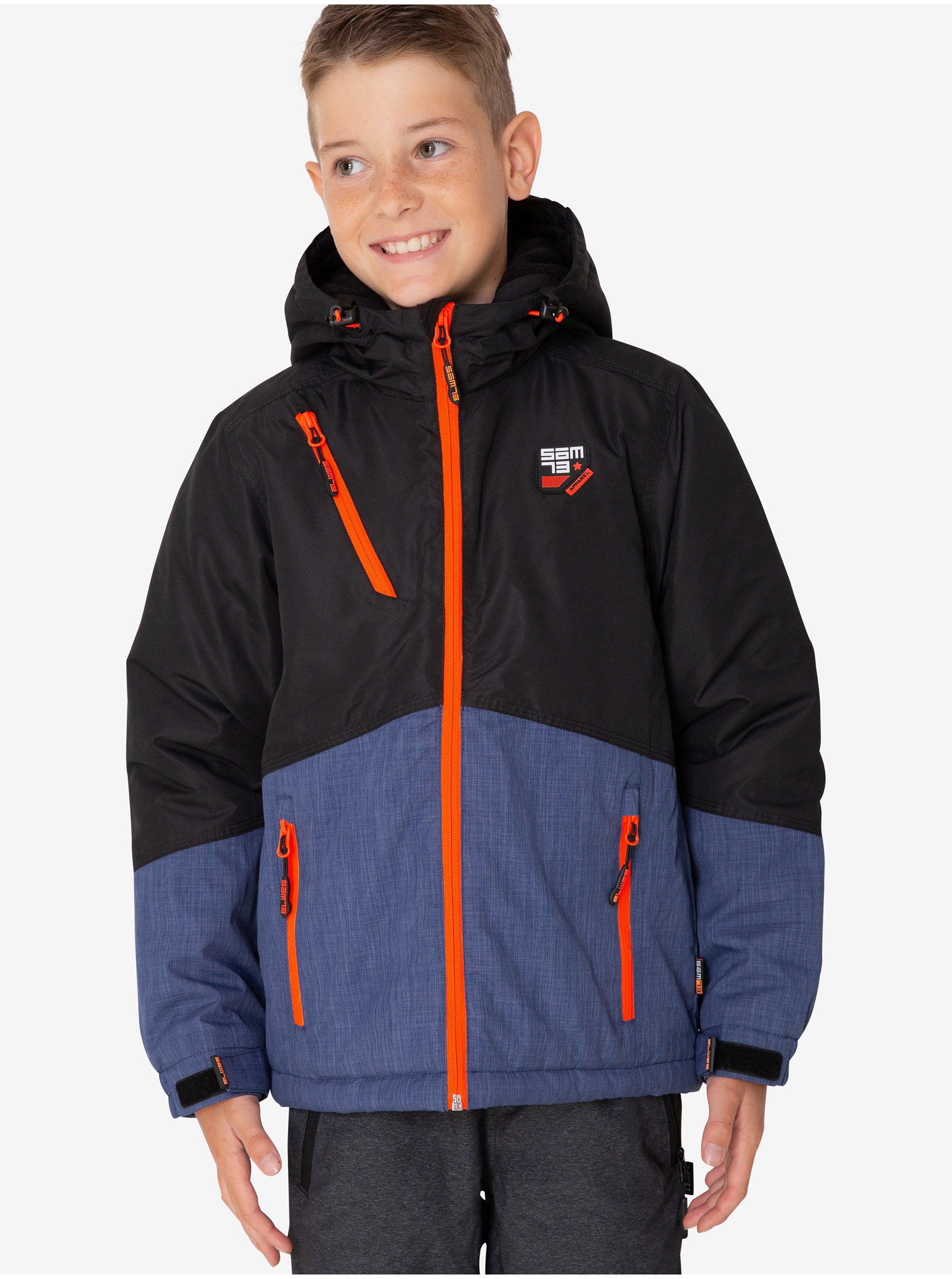 Lacno Modro-čierna chlapčenská zimná bunda s kapucou SAM 73