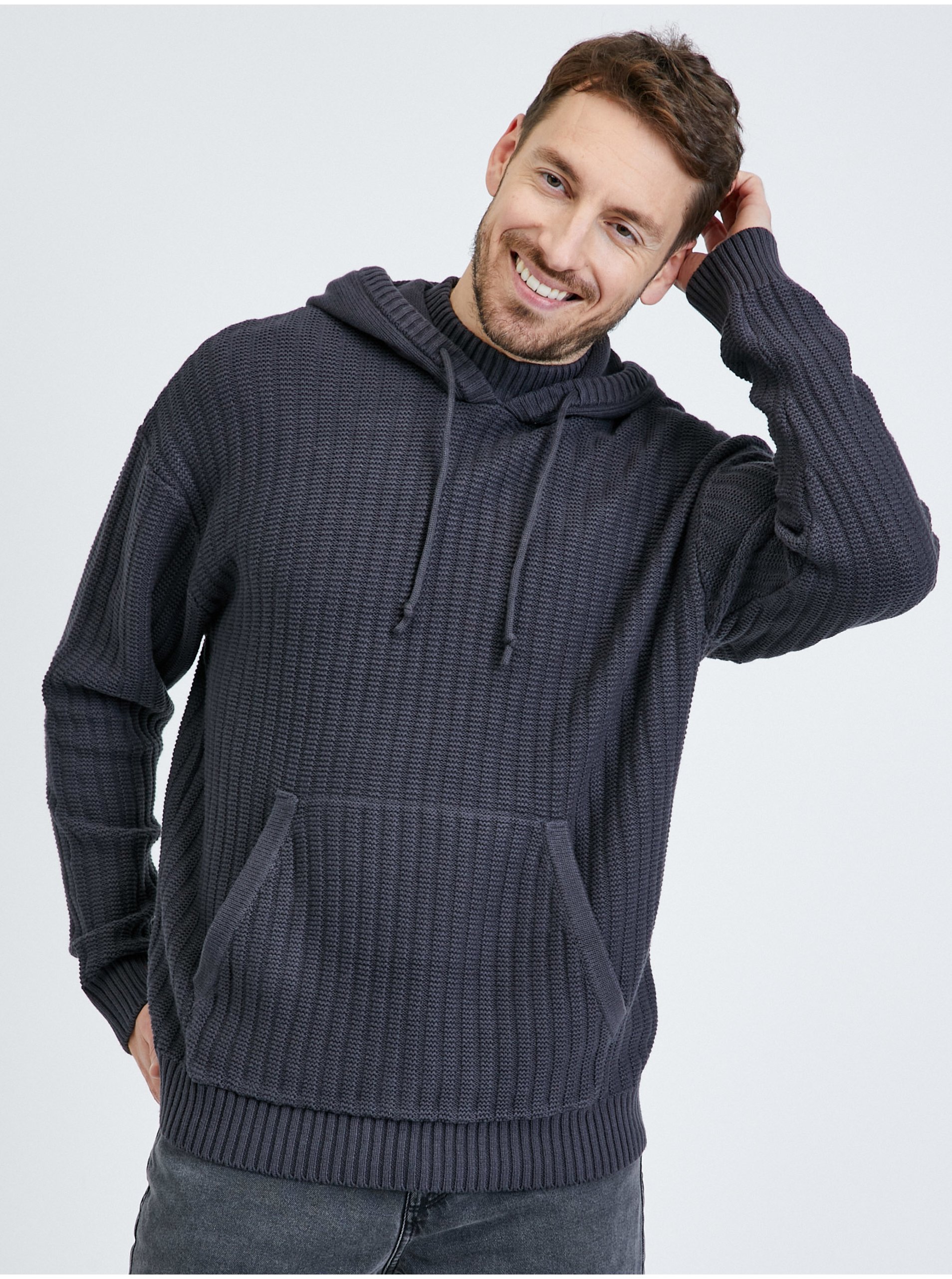 E-shop Tmavě šedý pánský žebrovaný svetr s kapucí Tom Tailor Denim