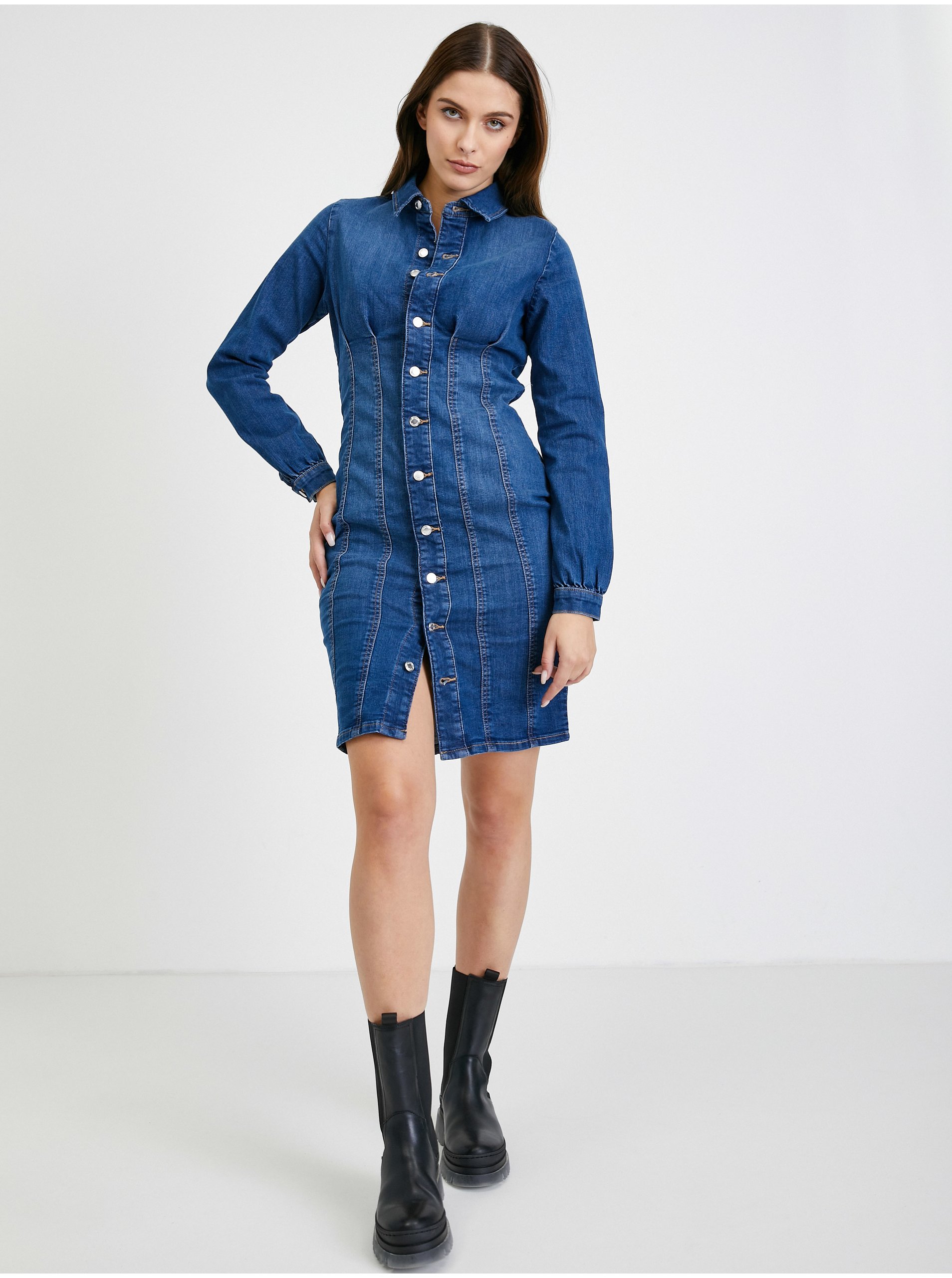 E-shop Modré dámské džínové košilové šaty ORSAY