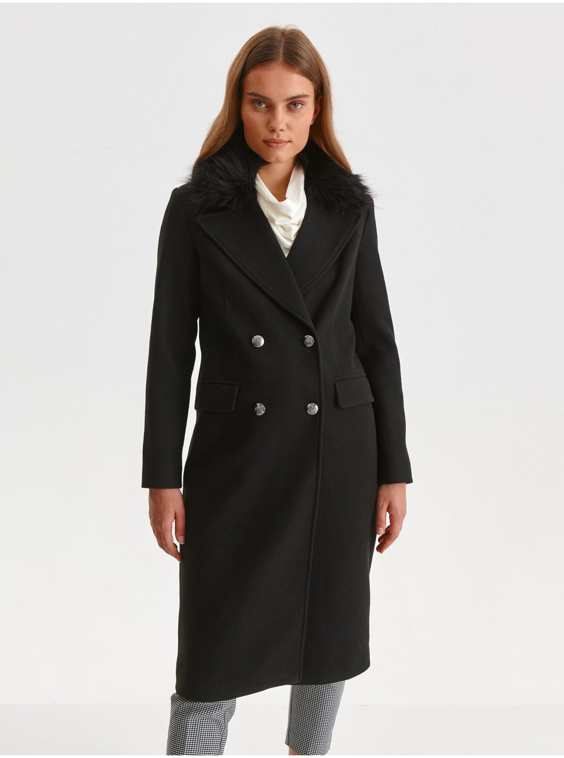Levně Černý kabát s límcem z umělého kožíšku TOP SECRET