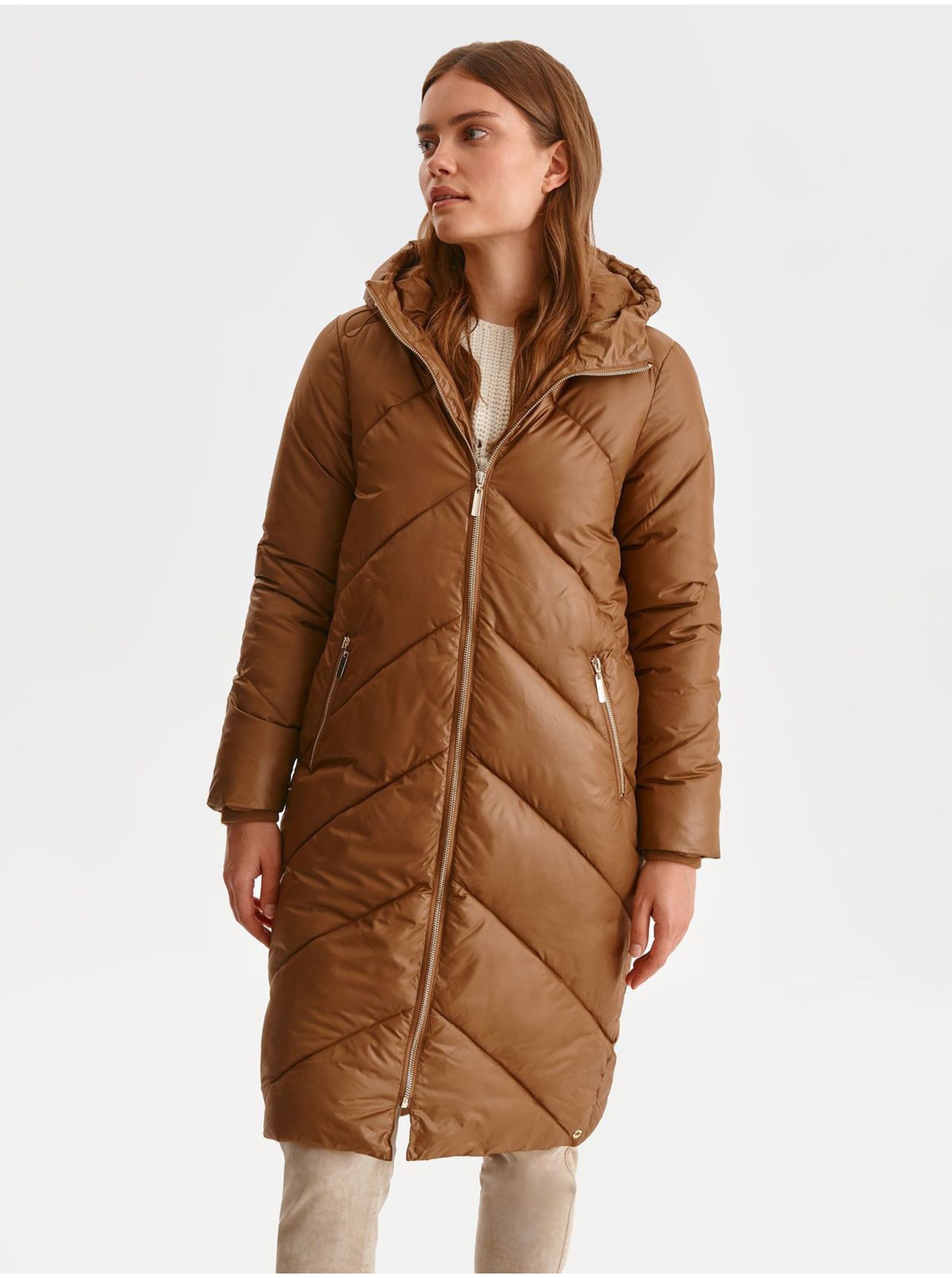 E-shop Hnědý prošívaný kabát s kapucí TOP SECRET