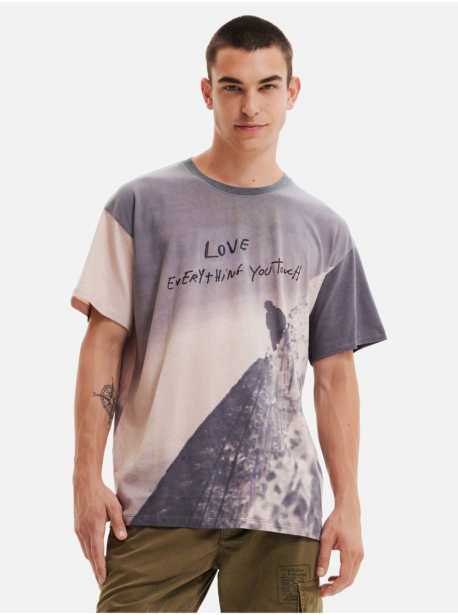 Levně Béžovo-šedé pánské vzorované tričko Desigual
