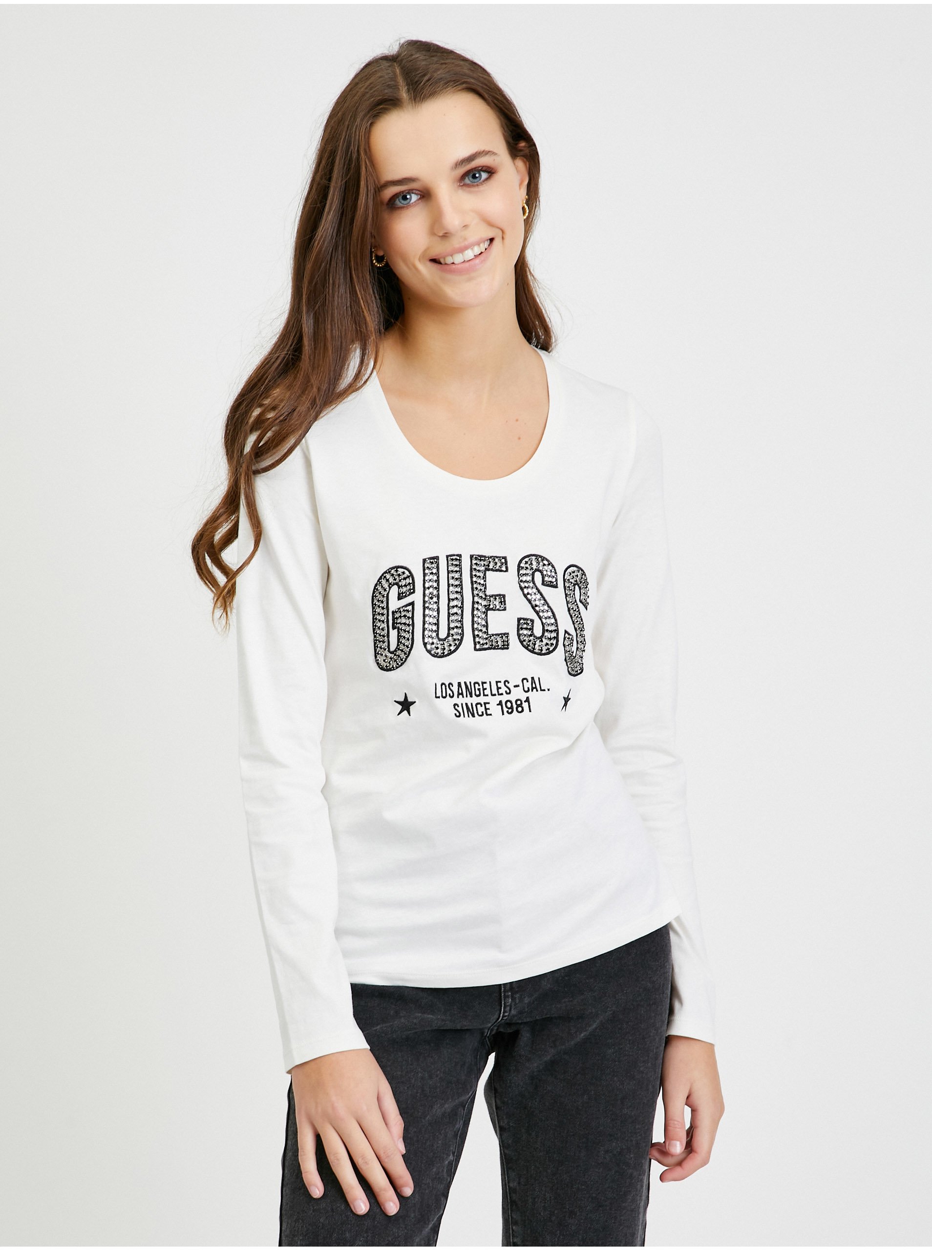 E-shop Bílé dámské tričko s dlouhým rukávem Guess Mirela