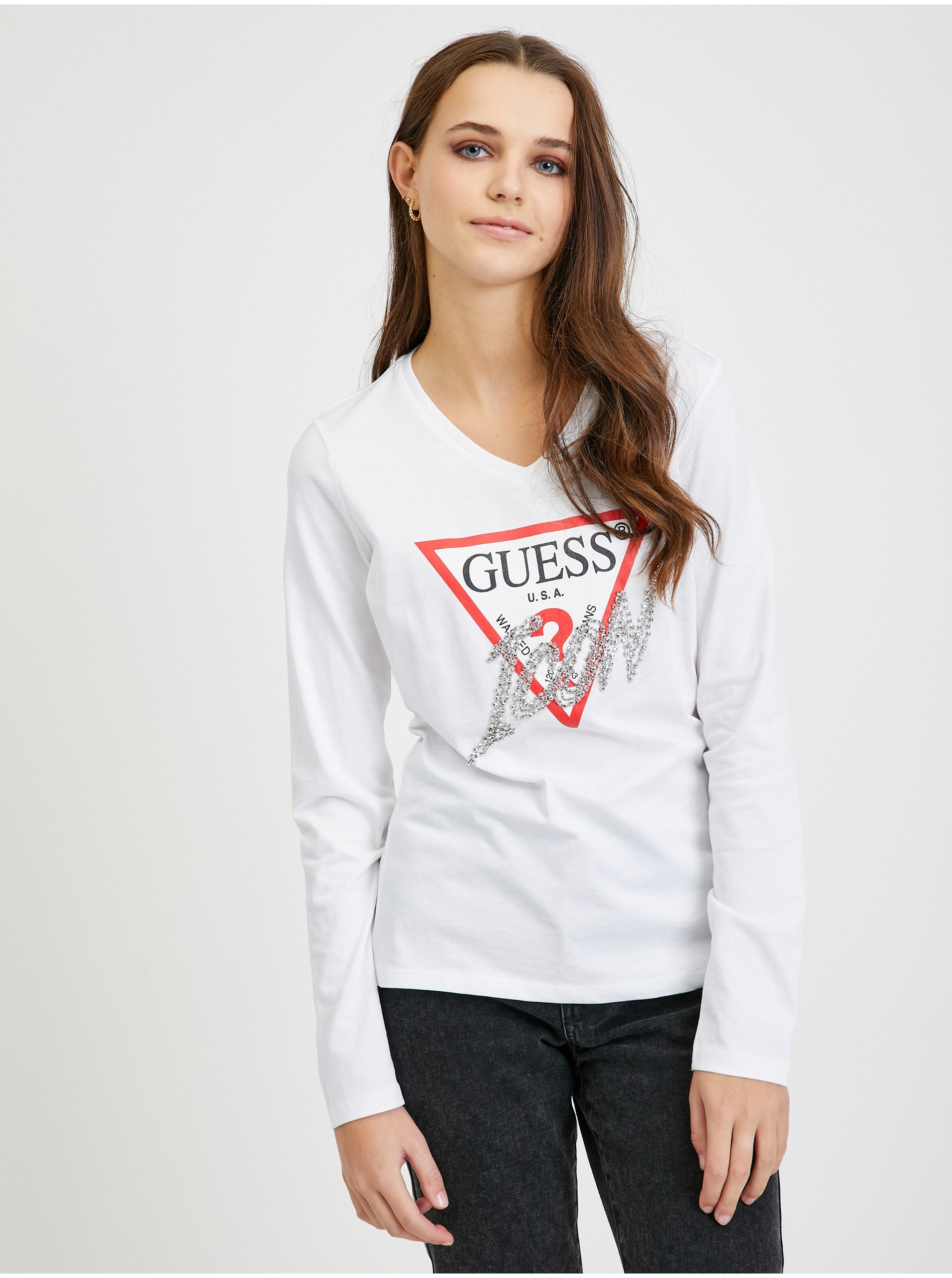 E-shop Biele dámske tričko s dlhým rukávom Guess Icon