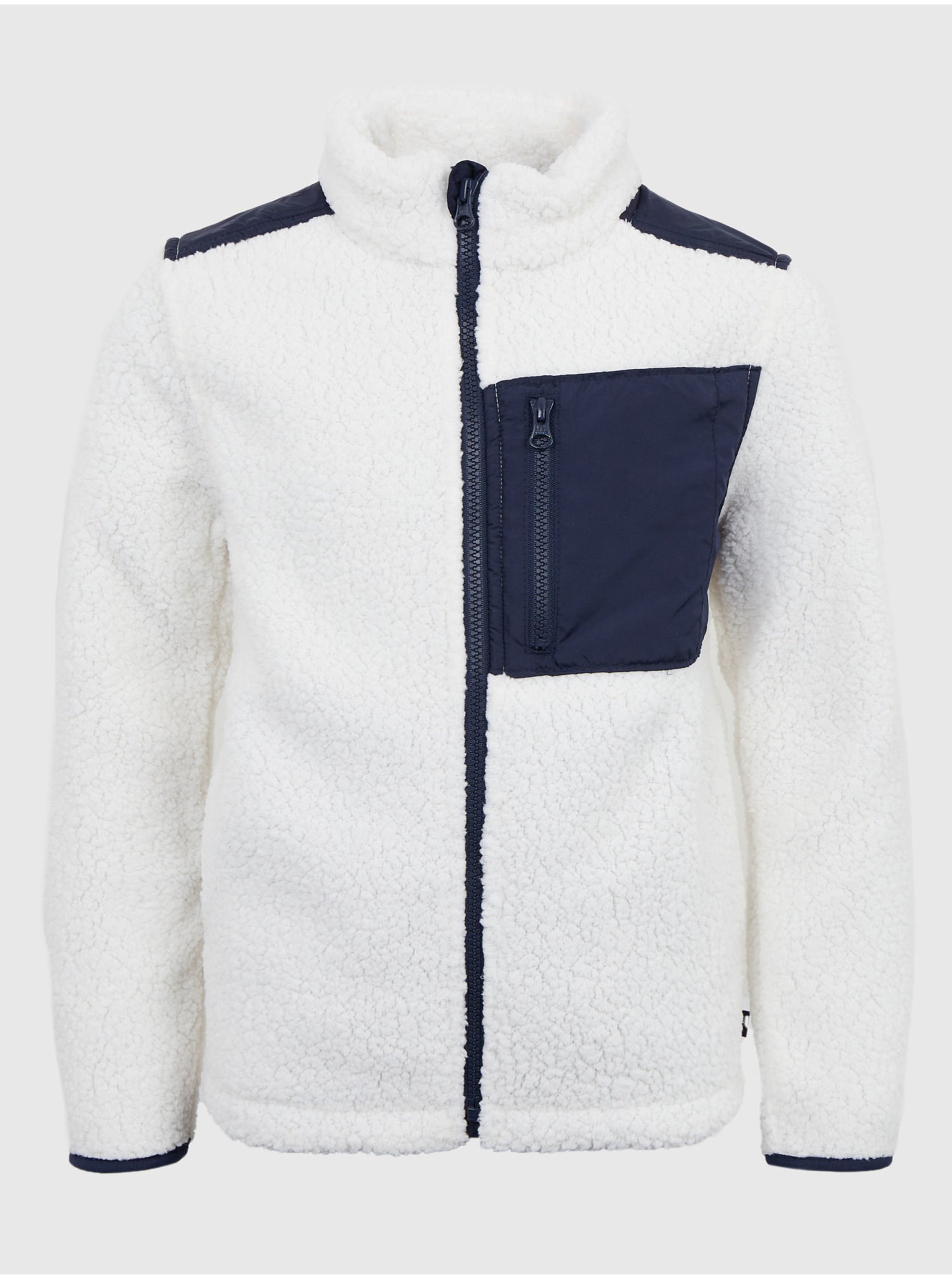 Levně Bílo-modrá klučičí bunda z umělého kožíšku na zip GAP sherpa