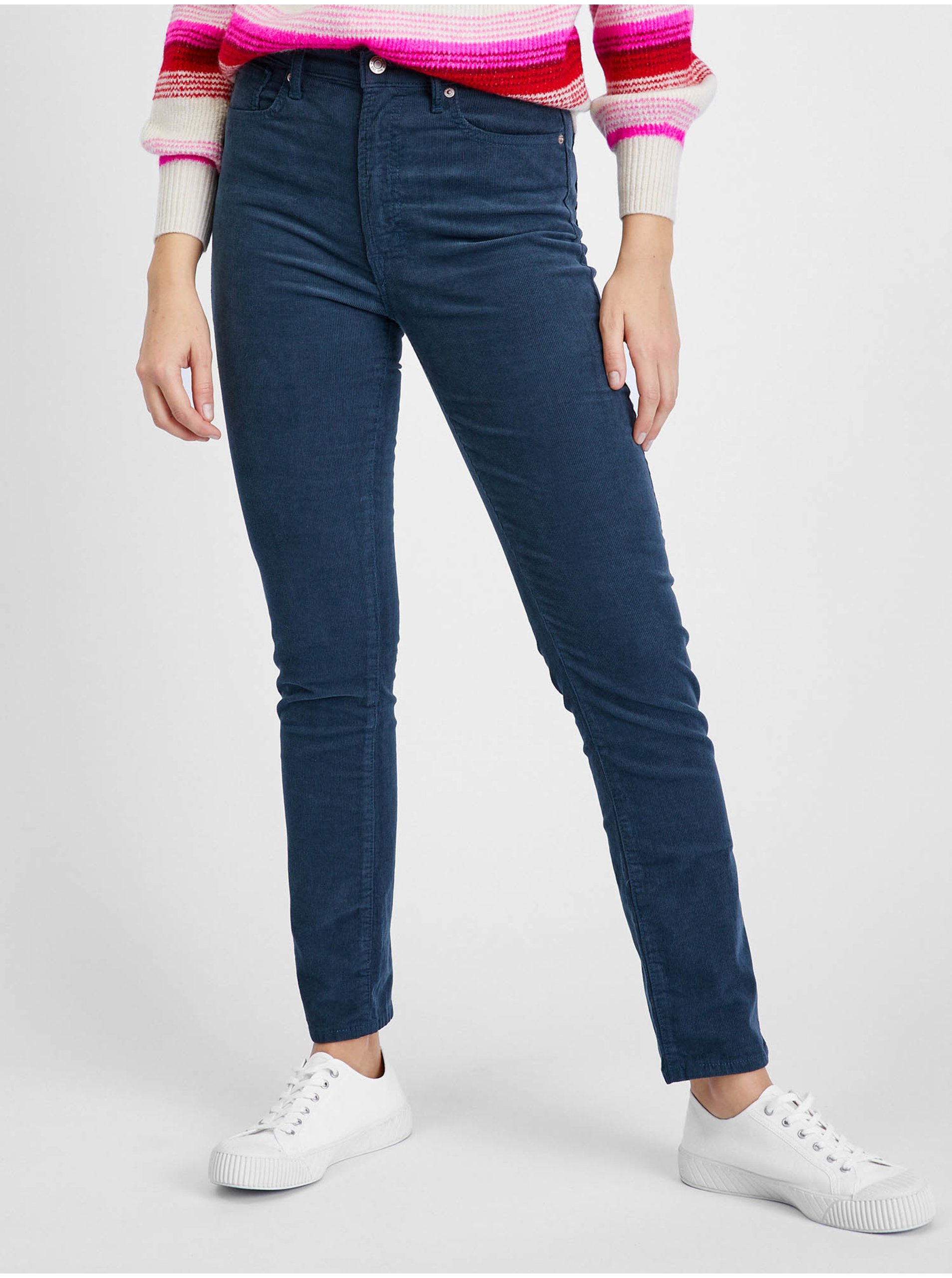 E-shop Petrolejové dámské manšestrové kalhoty GAP slim vintage