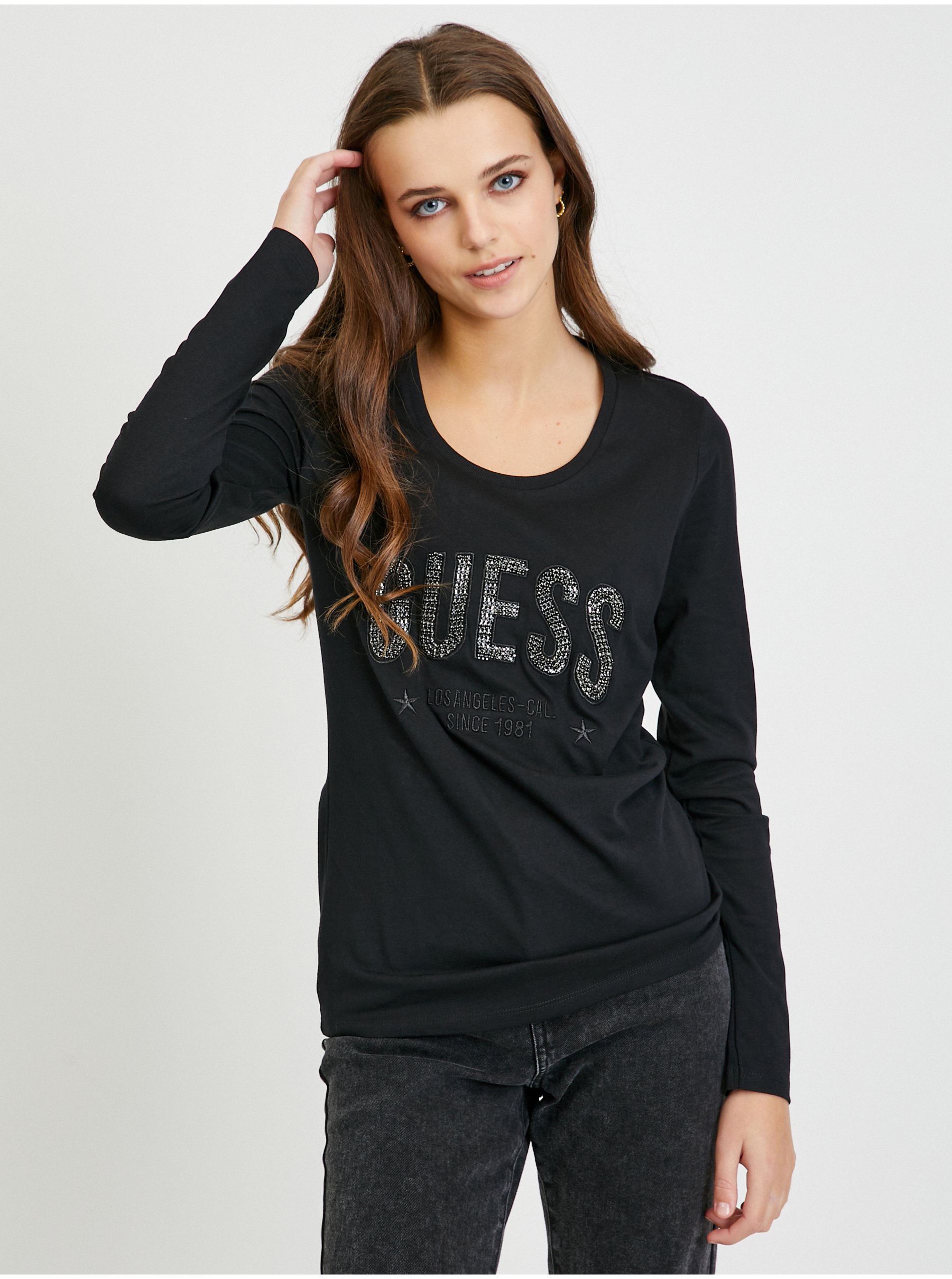 Levně Černé dámské tričko s dlouhým rukávem Guess Mirela