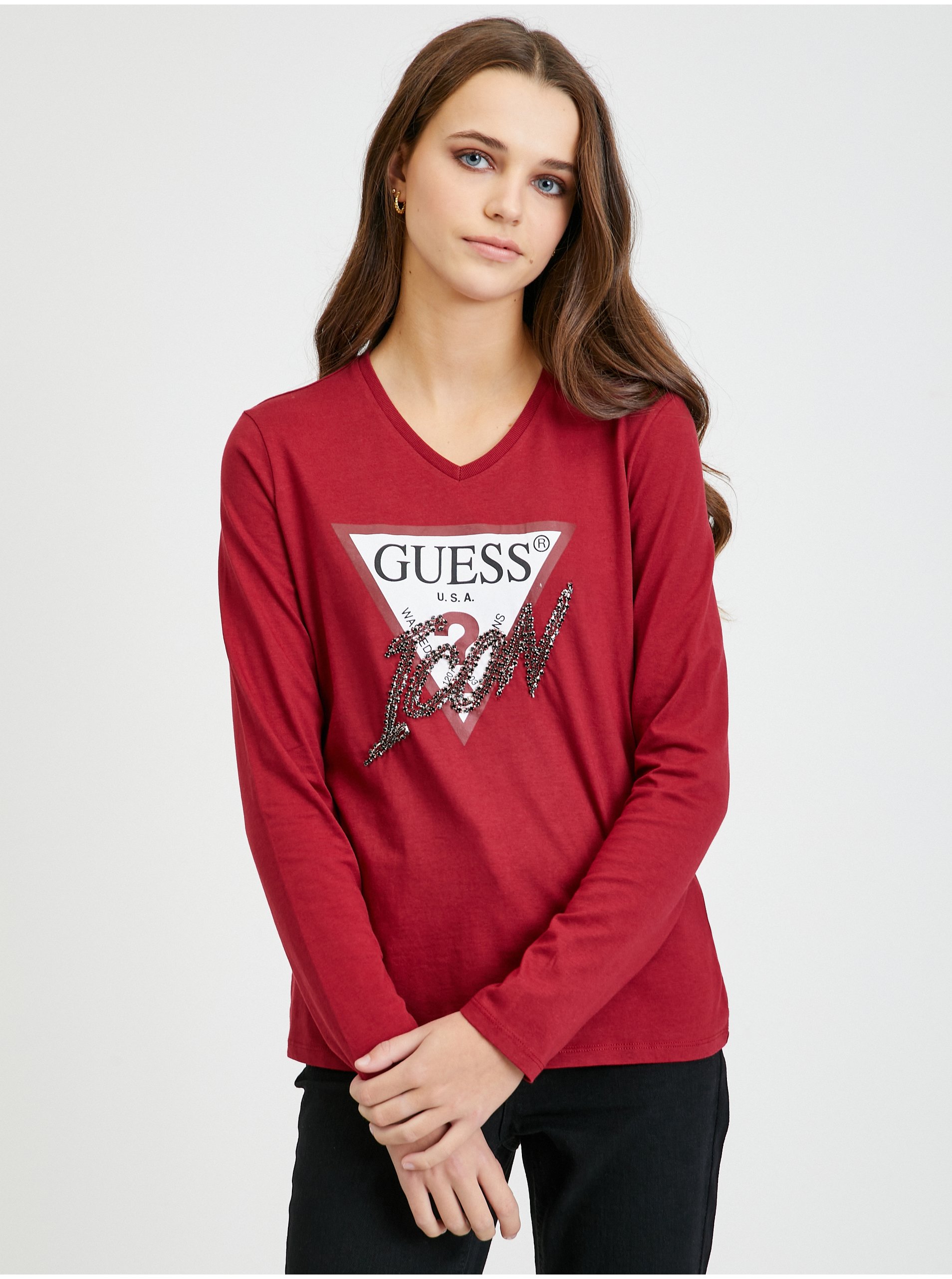 E-shop Červené dámské tričko s dlouhým rukávem Guess Icon