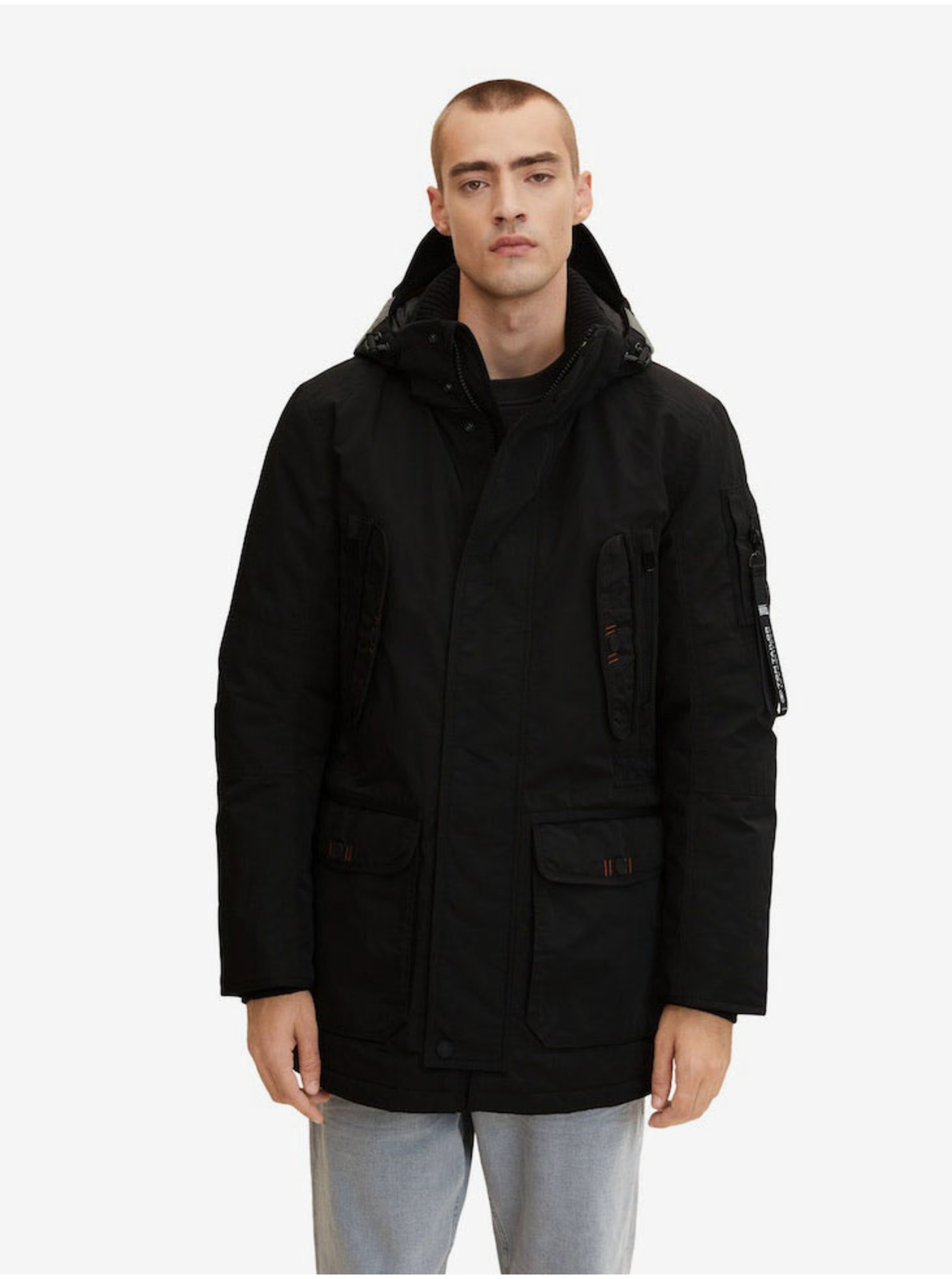 Levně Černá pánská zimní bunda s kapucí Tom Tailor