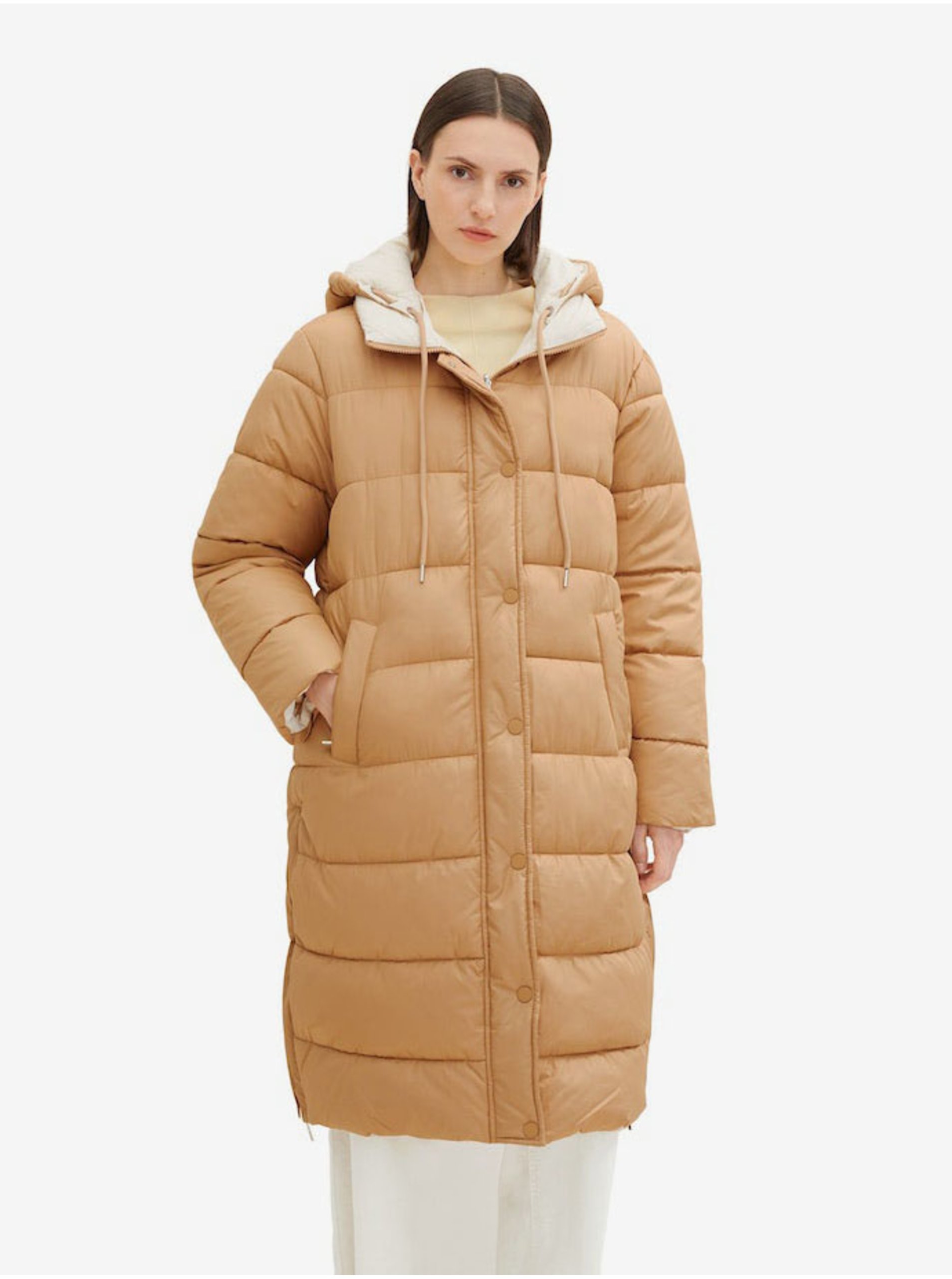 Levně Béžový dámský zimní prošívaný oboustranný kabát Tom Tailor