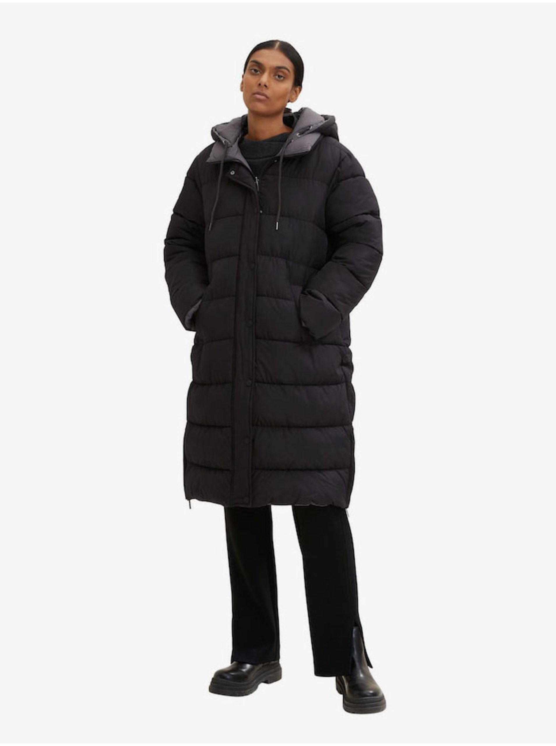 Levně Černý dámský zimní prošívaný oboustranný kabát Tom Tailor
