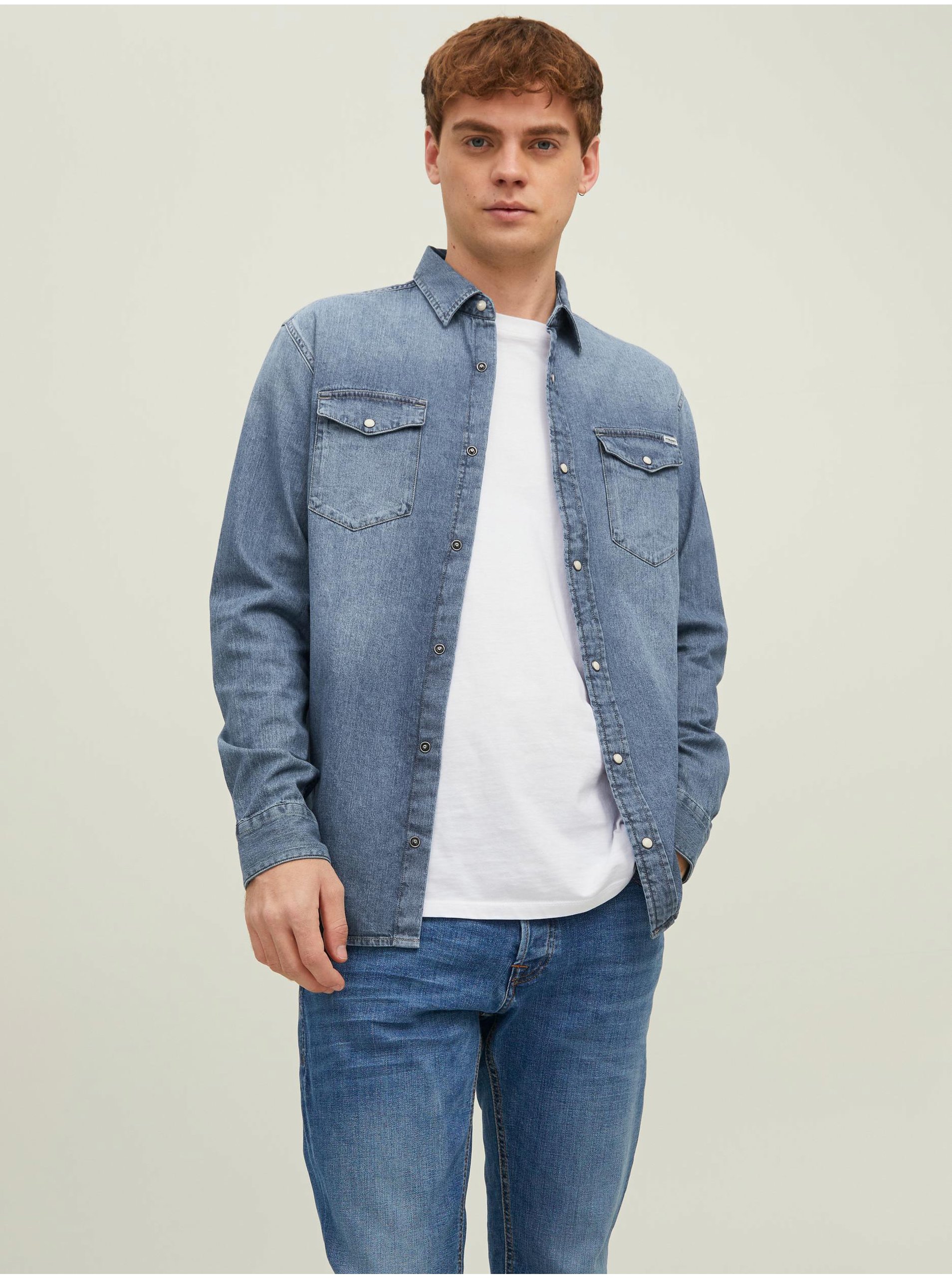 E-shop Modrá pánská džínová slim fit košile Jack & Jones Heridan