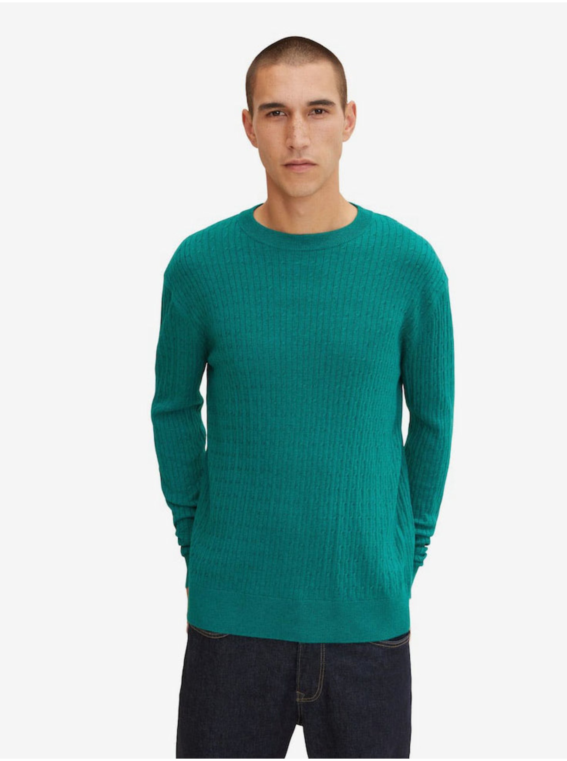 Levně Zelený pánský basic svetr s příměsí vlny z jaka Tom Tailor