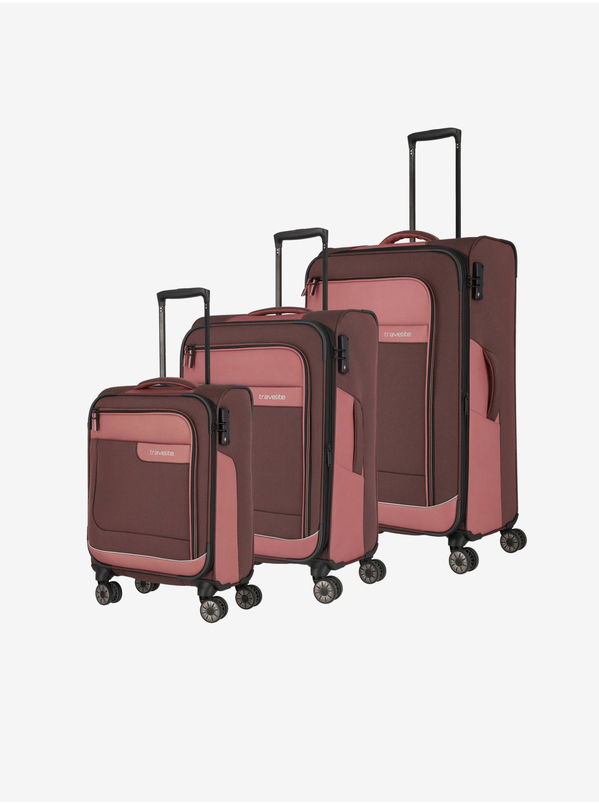 E-shop Sada troch cestovných kufrov a cestovnej tašky v ružovo-hnedej farbe Travelite Viia 4w S,M,L + Duffle