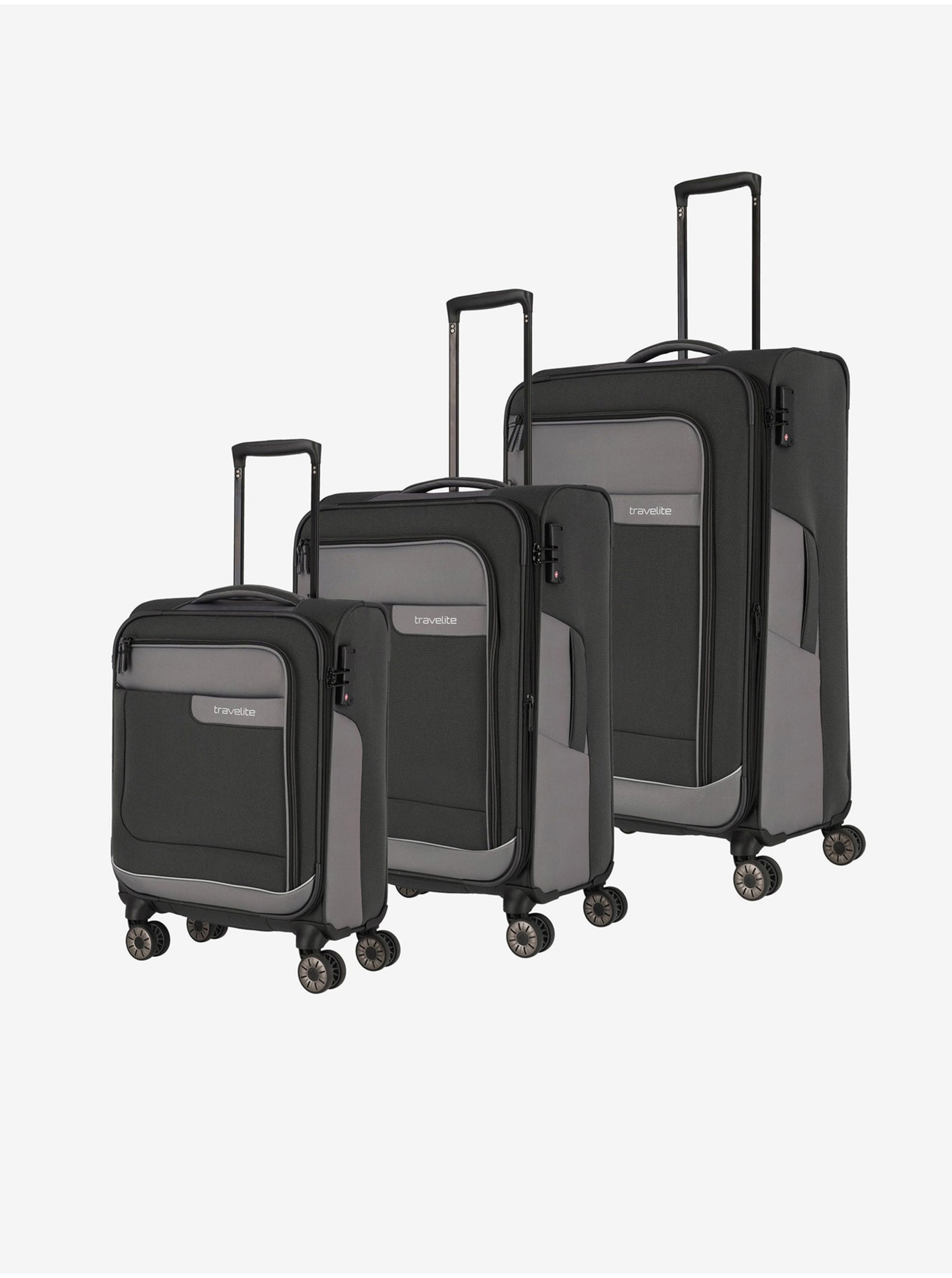 Levně Sada tří tmavě šedých cestovních kufrů a tašky Travelite Viia 4w S,M,L + Duffle Anthracite