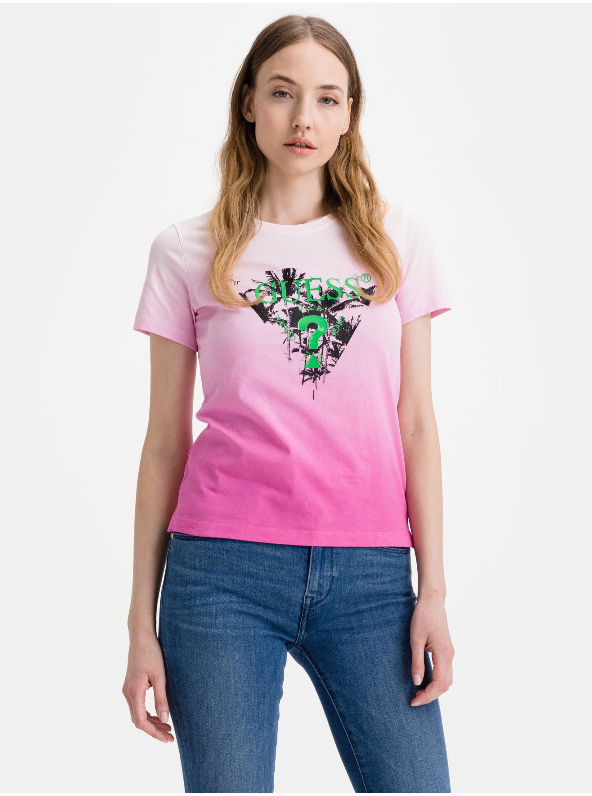 E-shop Růžové dámské tričko Guess Palms