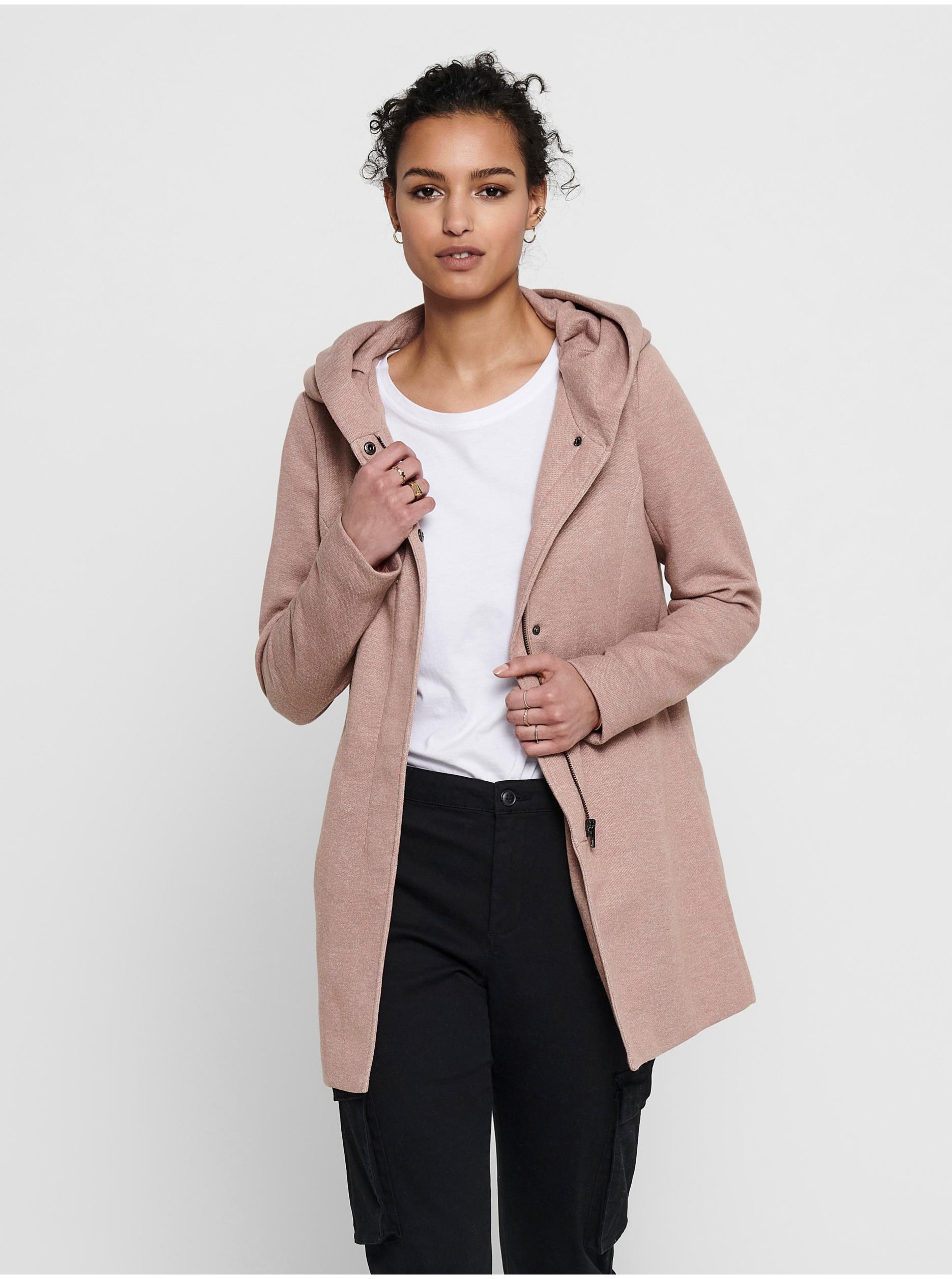 E-shop Starorůžový dámský žíhaný lehký kabát s kapucí ONLY Sedona