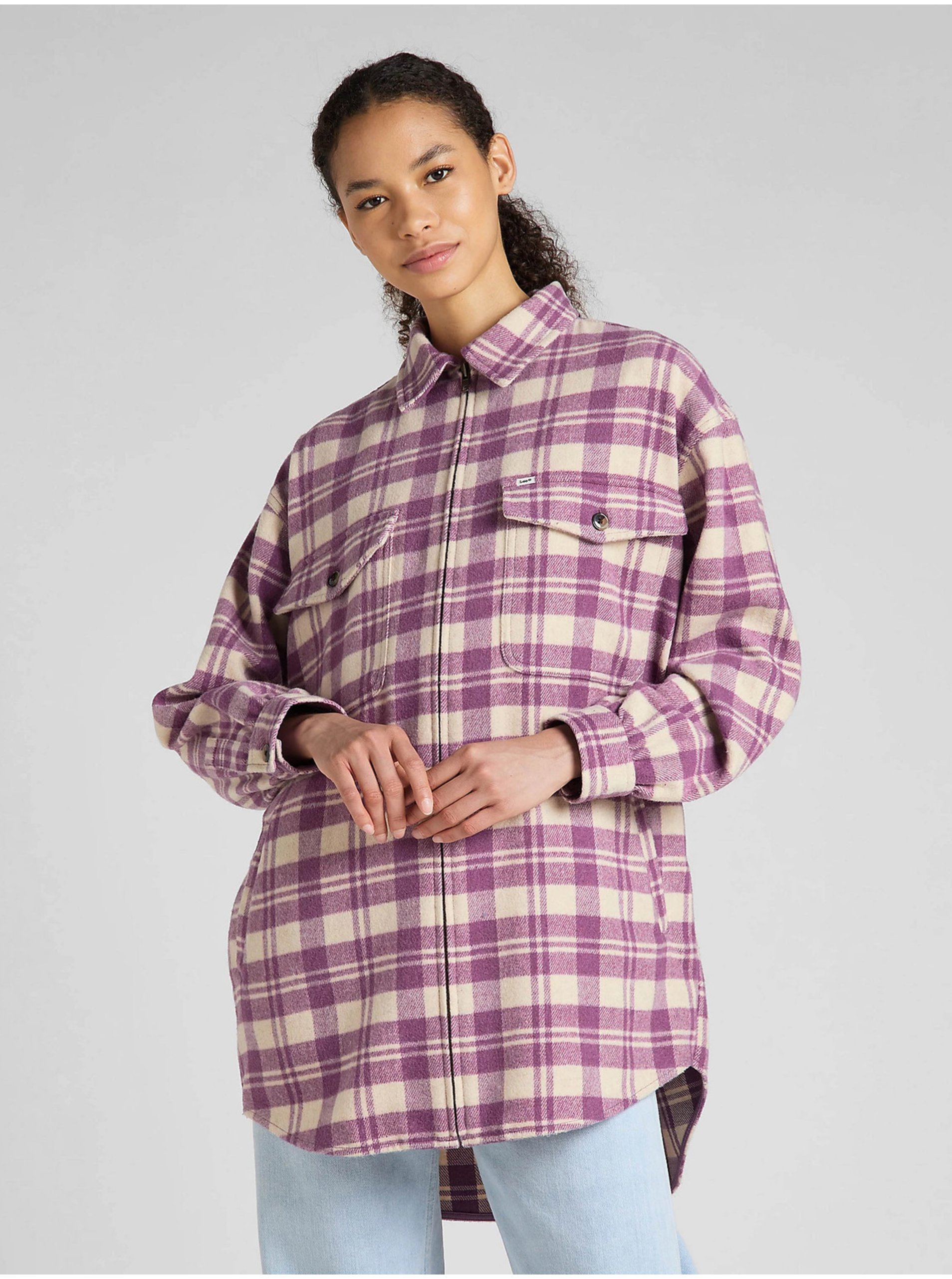 E-shop Krémovo-ružová dámska kockovaná košeľová bunda s prímesou vlny Lee