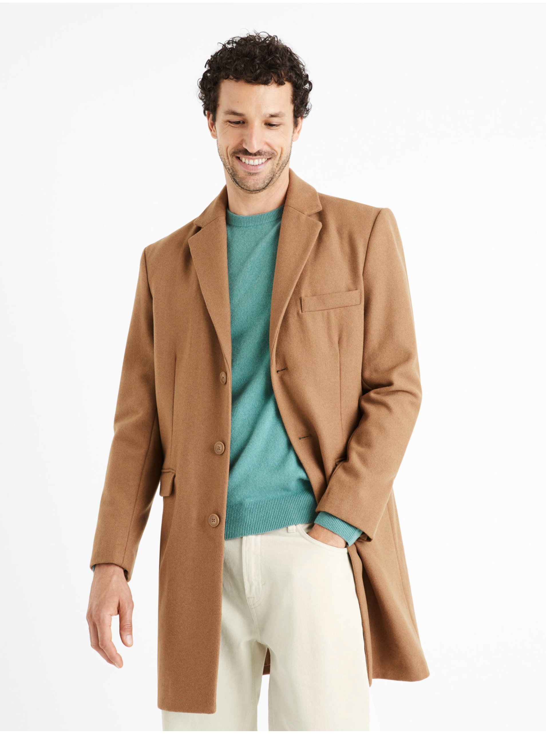 E-shop Hnědý pánský vlněný kabát Celio Cubello
