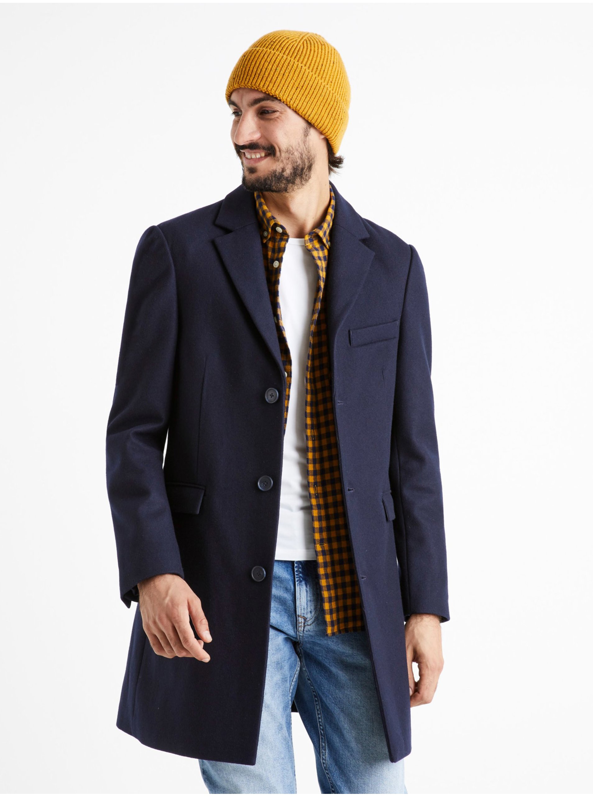 E-shop Tmavě modrý pánský vlněný kabát Celio Cubello
