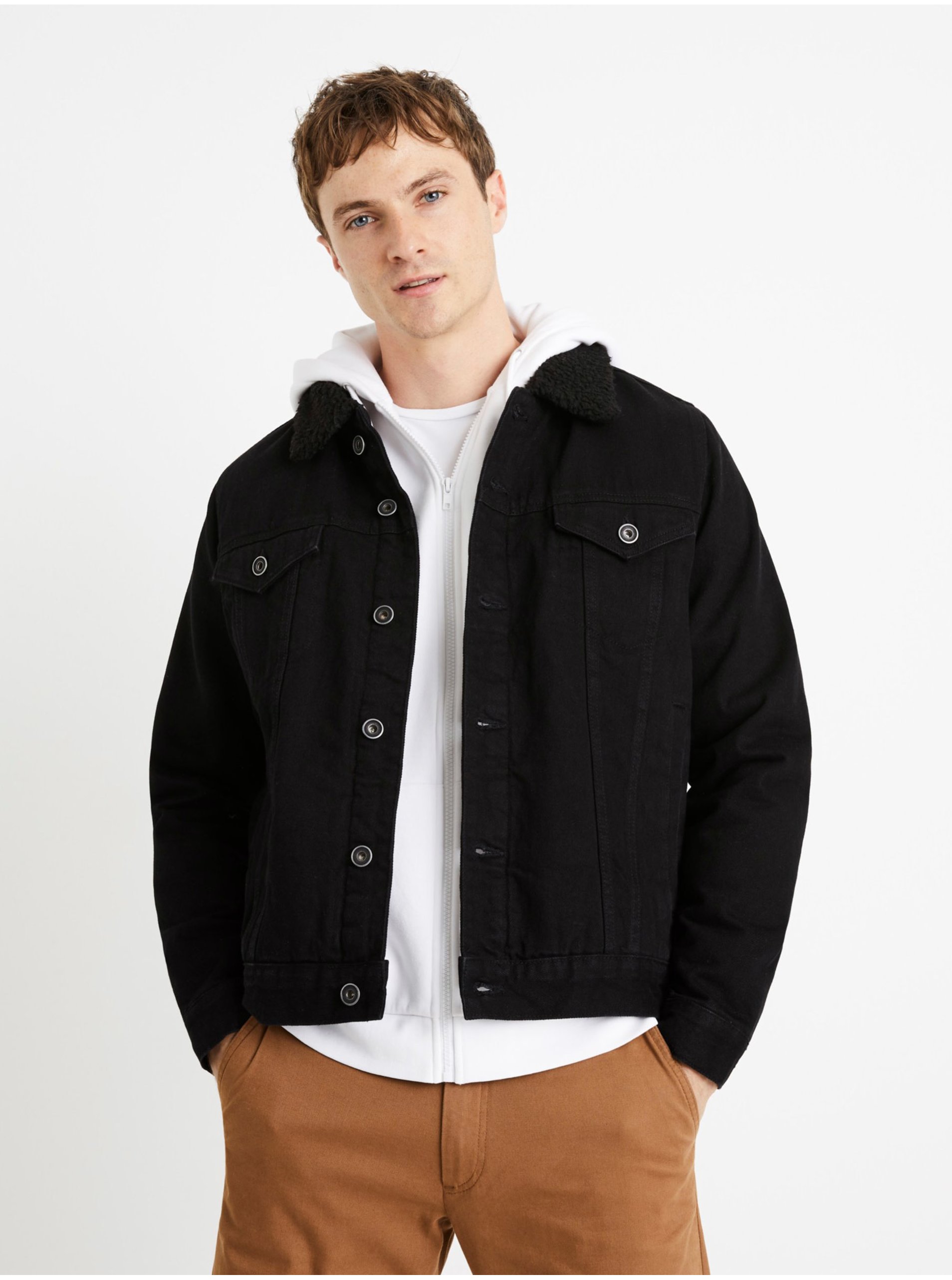 E-shop Černá pánská džínová bunda s kožíškem Celio Cudensherp