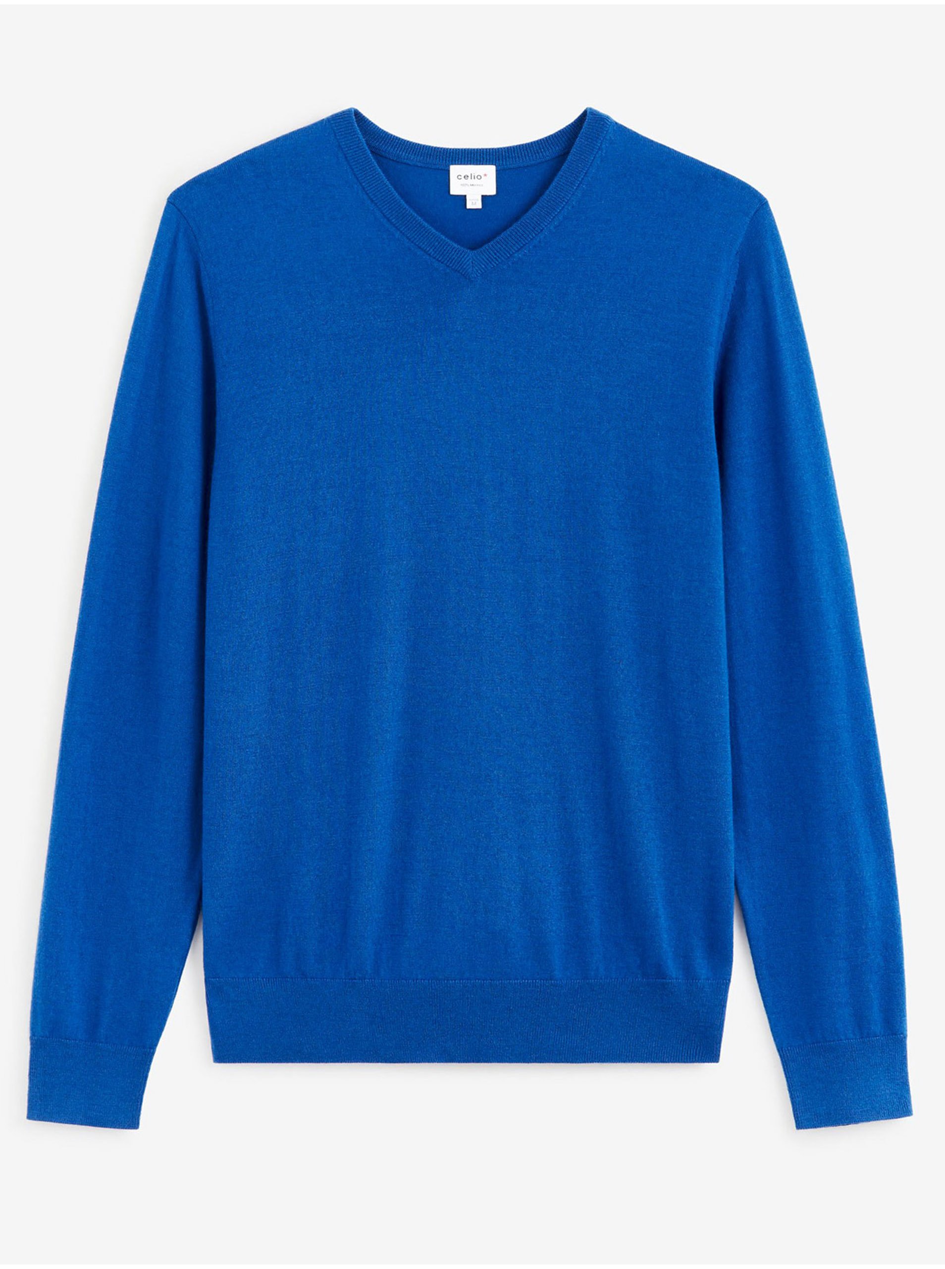 Lacno Modrý pánsky sveter z merino vlny Celio Semeriv