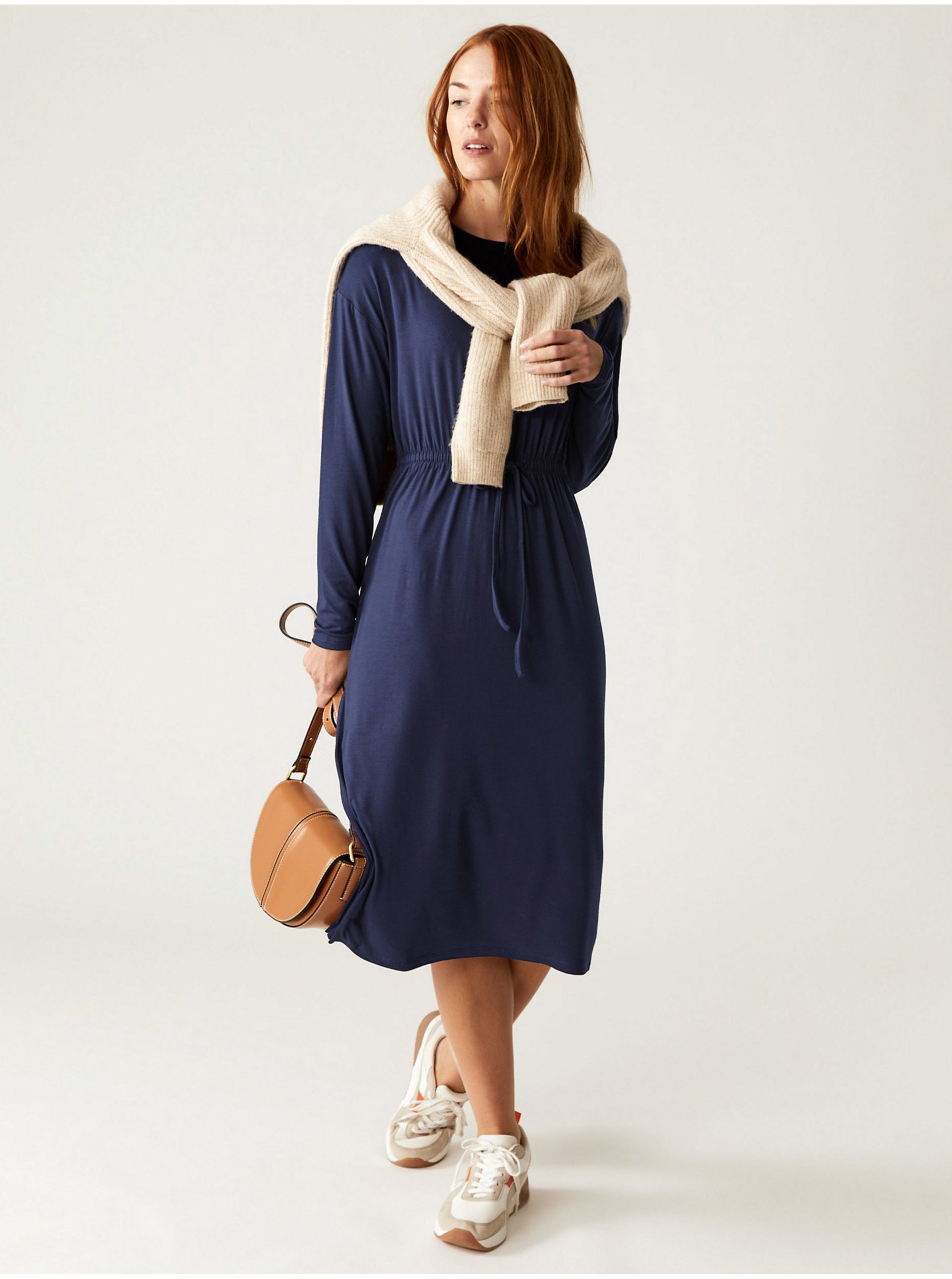 Levně Tmavě modré dámské žerzejové midi šaty Marks & Spencer